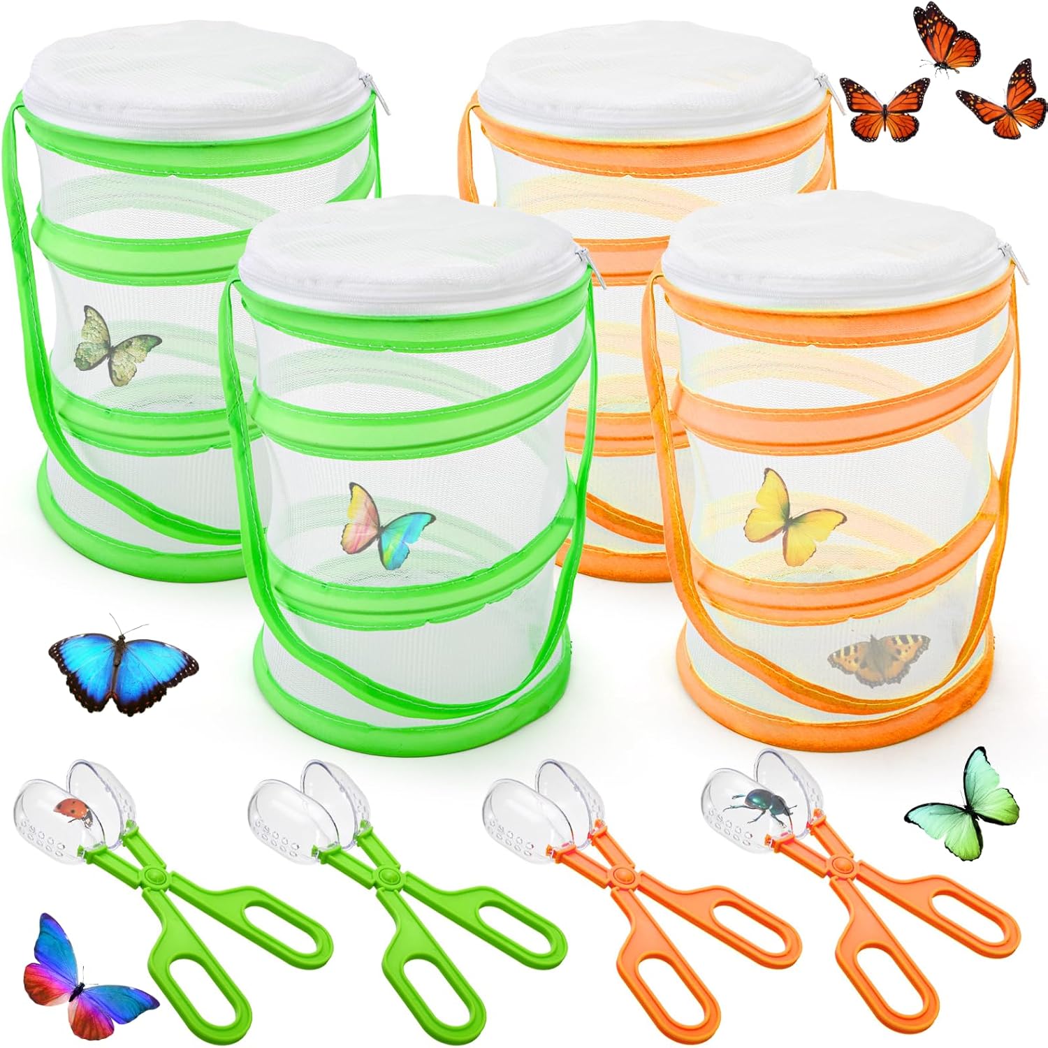 ZENFUN 8 Pieces Butterfly Kit, 4 Pcs Insect and Butterfly Habitat Cage with 4 Pcs Bug Catcher, Insect Mesh Cage, Caterpillar Enclosure, Butterflies Habitat, Terrarium Pop-up(Orange, Green)