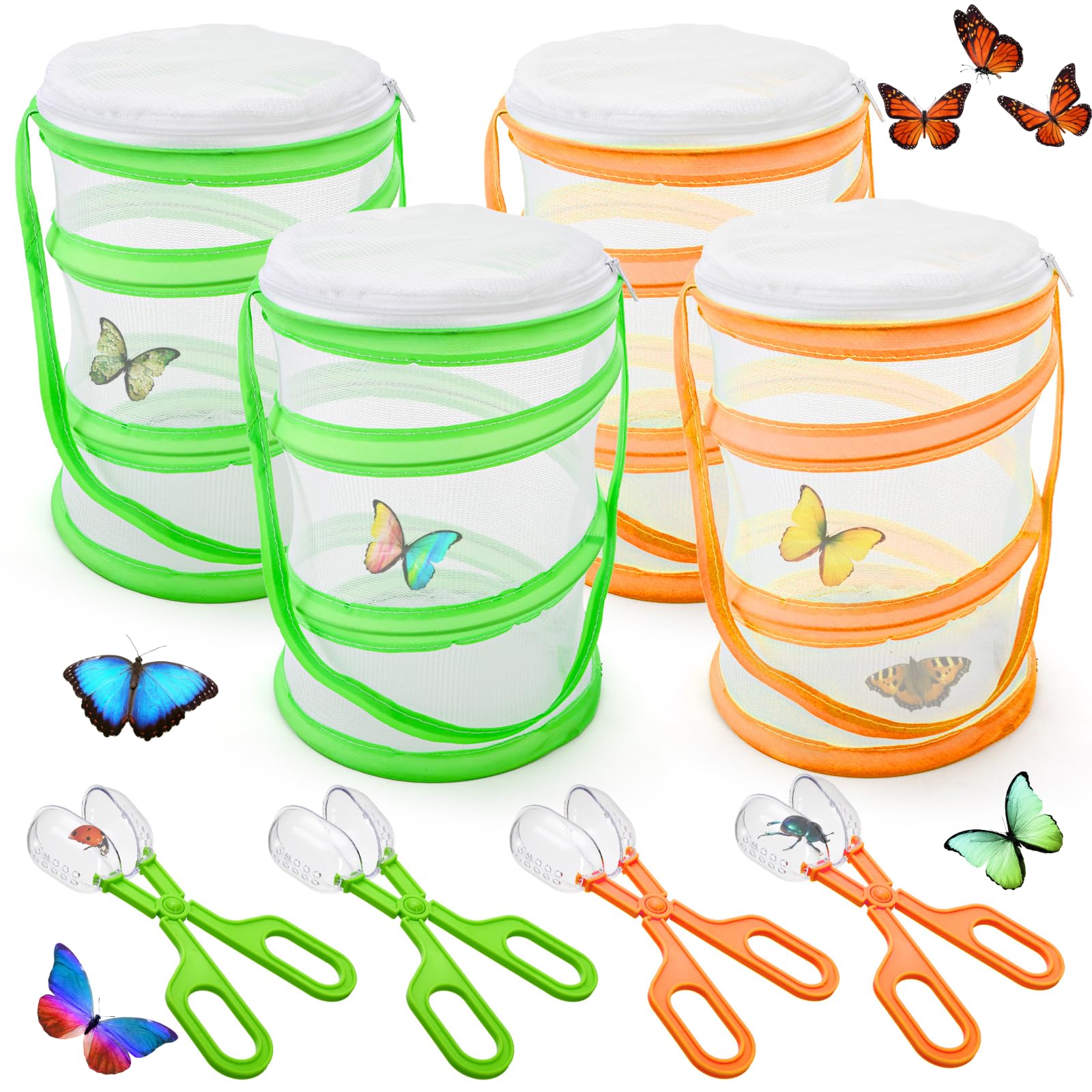 ZENFUN 8 Pieces Butterfly Kit, 4 Pcs Insect and Butterfly Habitat Cage with 4 Pcs Bug Catcher, Insect Mesh Cage, Caterpillar Enclosure, Butterflies Habitat, Terrarium Pop-up(Orange, Green)