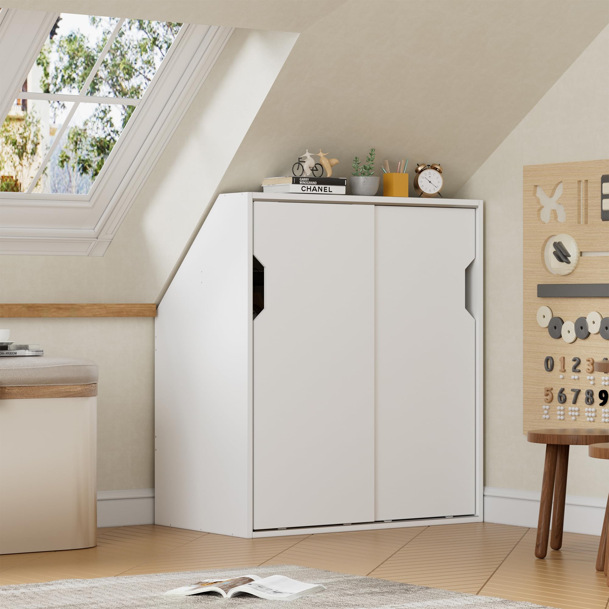 MSFE Dachschrägenschrank mit 2 Türen, Dachschrägenregal 100 x 80 x 52CM Kleiderschrank im schräger Wand Bücherregal in Holz geeignet für die platzsparende Aufbewahrung unter Dachschrägen Weiß