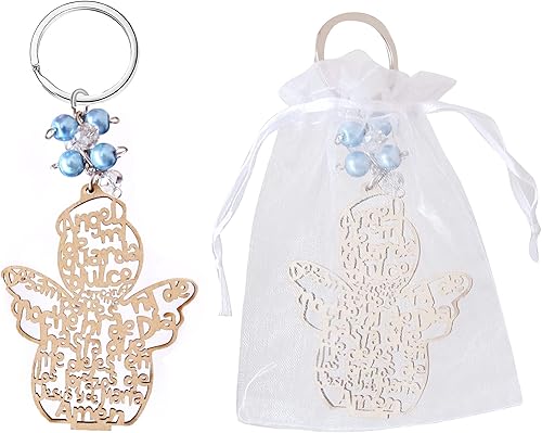 12 llaveros de madera con diseño de ángel de bautizo, finos, para bautizo, con bolsas de organza