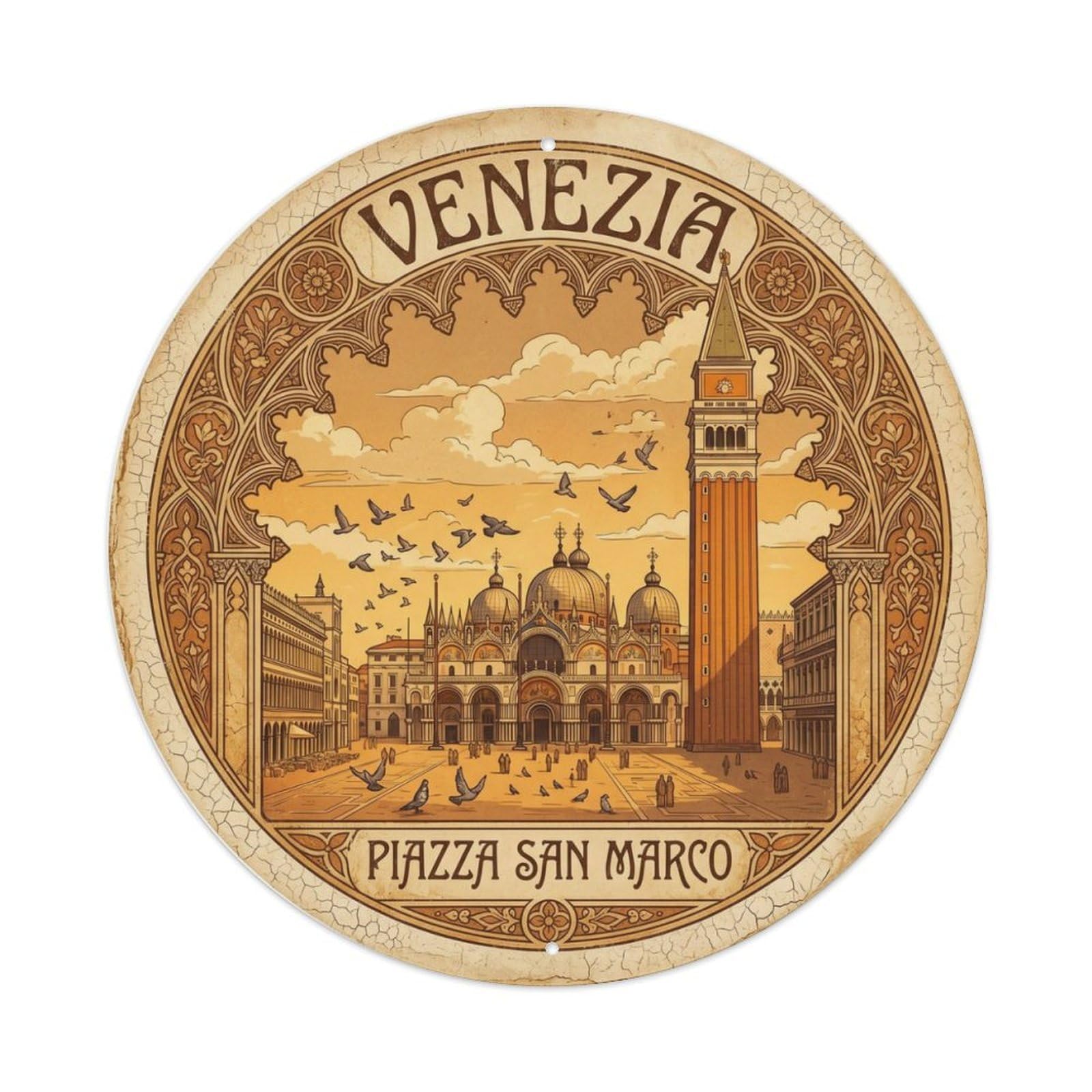 Vintage Travel Square Venice Basilica Metal Tin Sign Plaque Wall Decor for Cafe, Club, Garden Round Metal Poster 8x8Inch