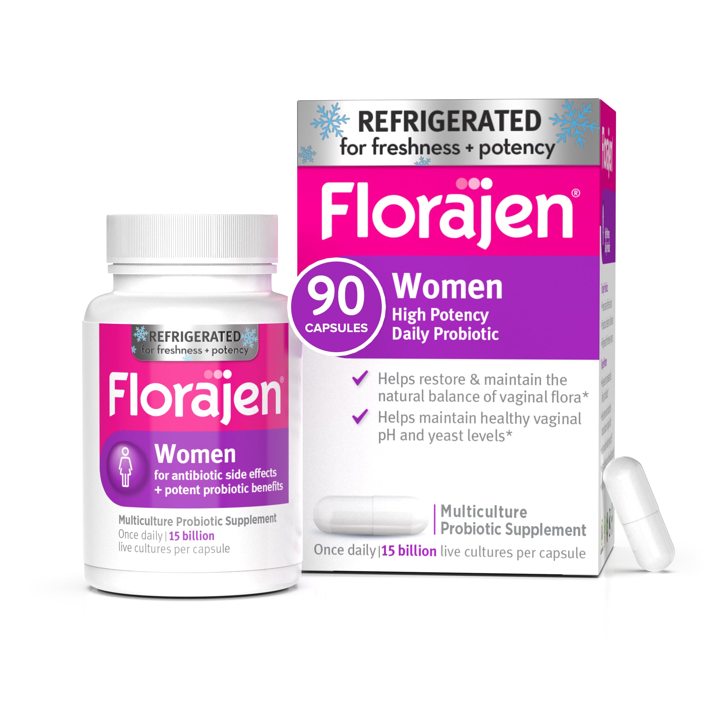 FlorajenWomen's l Probiotics, Provides Gut Health & Constipation Relief for Adults and Bloating Relief for Women, 90 Capsules (3 Packs of 30) (Refrigerated)
