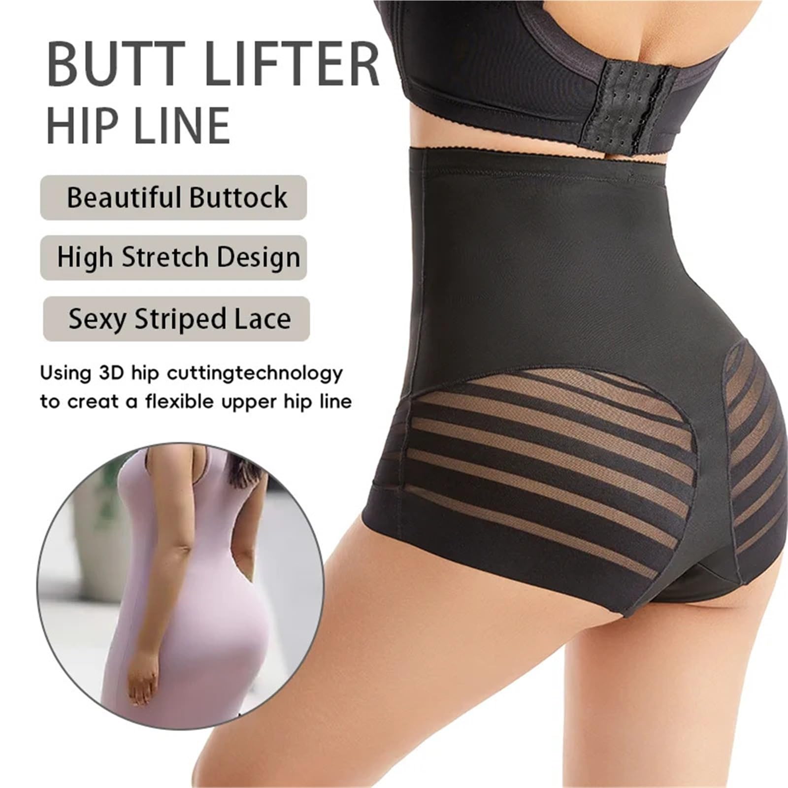Faja Reductora Mujer Adelgazante Bragas Moldeadoras De Encaje con Tiras For Mujer, Sin Costuras, De Cintura Alta, Moldeadoras De Glúteos(Black,S)