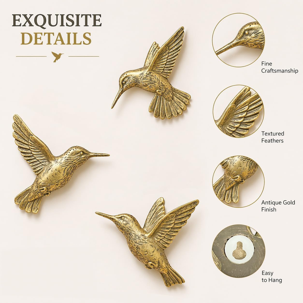 GUSFREUD 3D Hummingbird Wall Decor Set - Brass Resin Bird Wall Decor for Living Room, Bedroom and Gallery Walls - Vintage Gold - Set of 3
