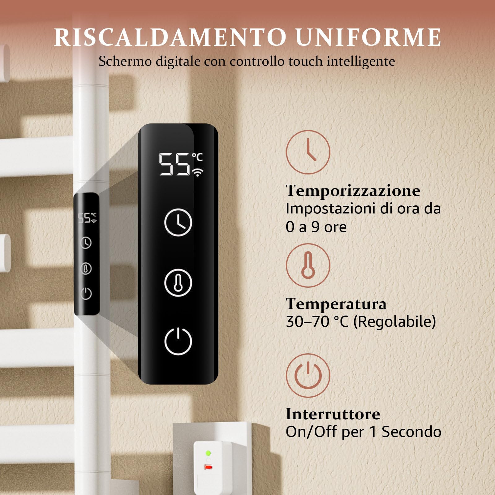 Scaldasalviette Elettrico Bagno Bianco, Portasciugamani Elettrico con Barre Girevoli 180°, 66x55cm 350W Scaldasalviette Elettrico con Ripiano, Temperatura Regolabile 30-70℃, Temporizzazione 0-9 ore
