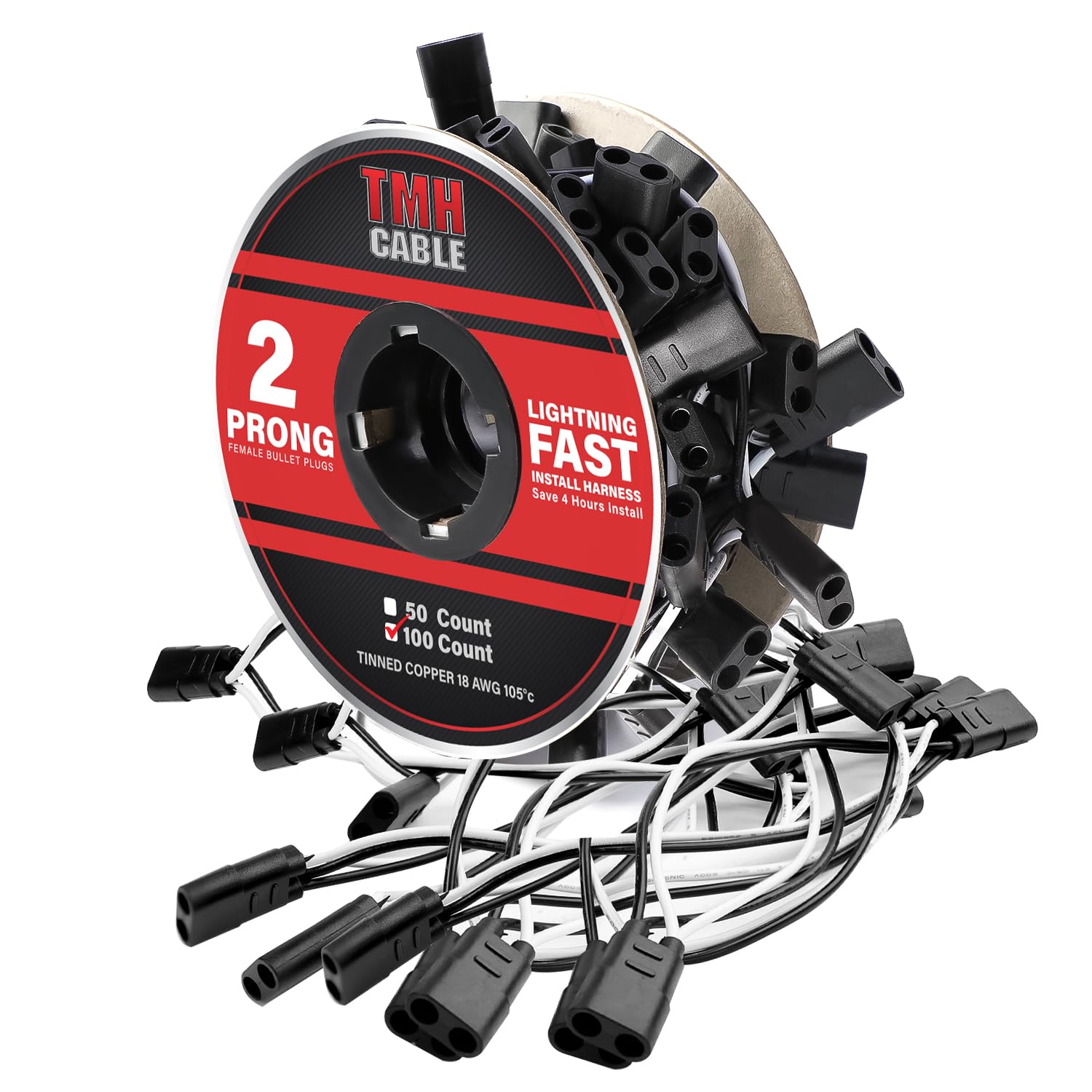 TMH 50 Count 2-Prong Wire Harness Roll Double Female Bullet Plug 18 Gauge - 6.5" Spacing for LED Marker Clearance Lights Hassle-Free Installation