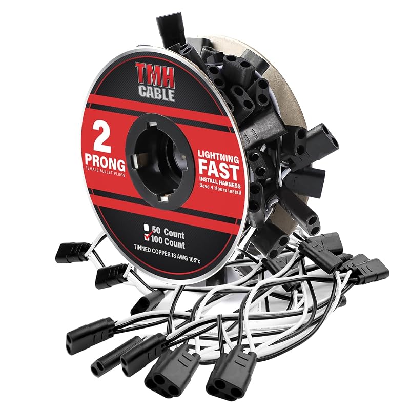 Chicote elétrico TMH com conectores bullet fêmea duplo de 2 pinos, fio AWG 18 e espaçamento de 16,51 cm – Rolo com 100 unidades