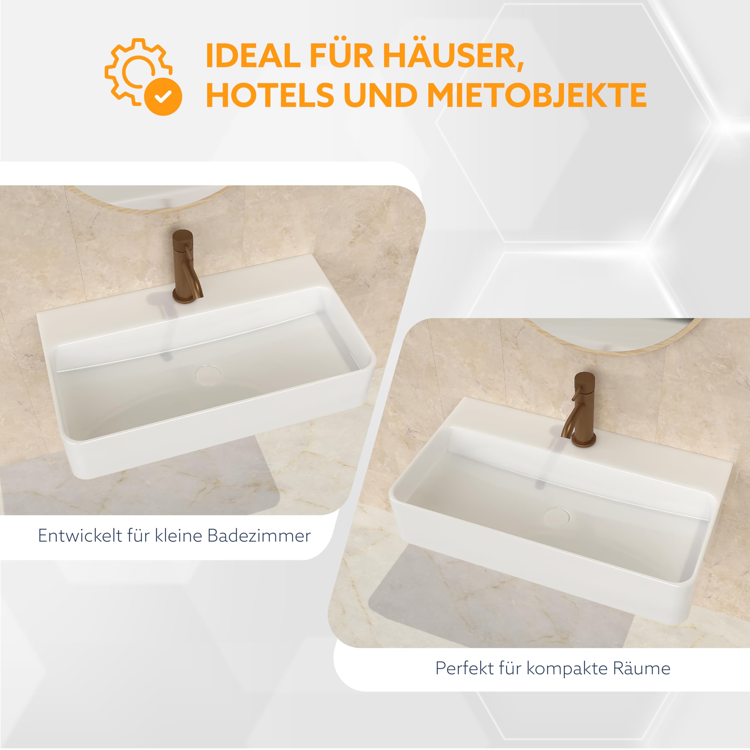 HOGART lavabo baño 54x30 cm con seno a la derecha, lavabo de cerámica blanco rectangular, lavabo suspendido pared o sobre encimera, con orificio para grifo, sin rebosadero, ideal baño moderno — view 8