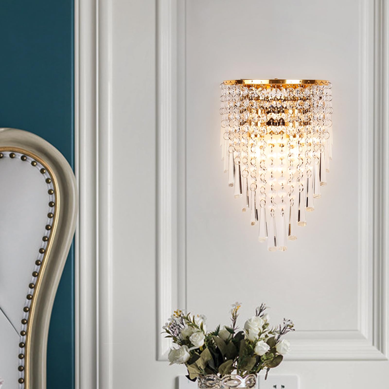 KRIPINC Aplique Pared Interior Cristal, Aplique Pared Dorado, Lampara Pared E14, Aplique Pared Interior Vintage, Lamparas Retro Vintage, Luz de Pared Cristal para Salon Dormitorio Mesita de Noche