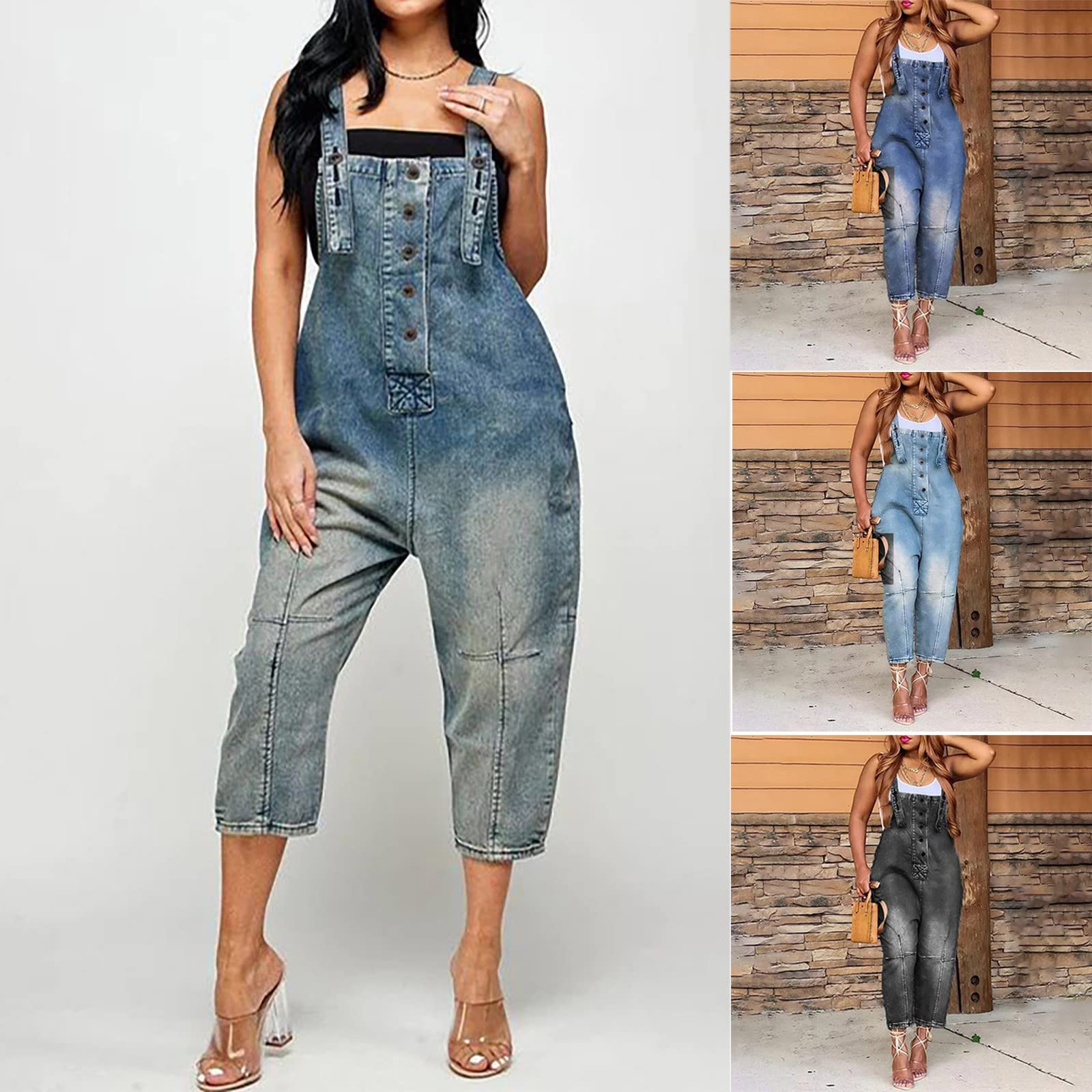 Salopette da donna, in jeans lunghi, eleganti, estive, sexy, senza maniche, morbide, per gli anni '90, con bretelle