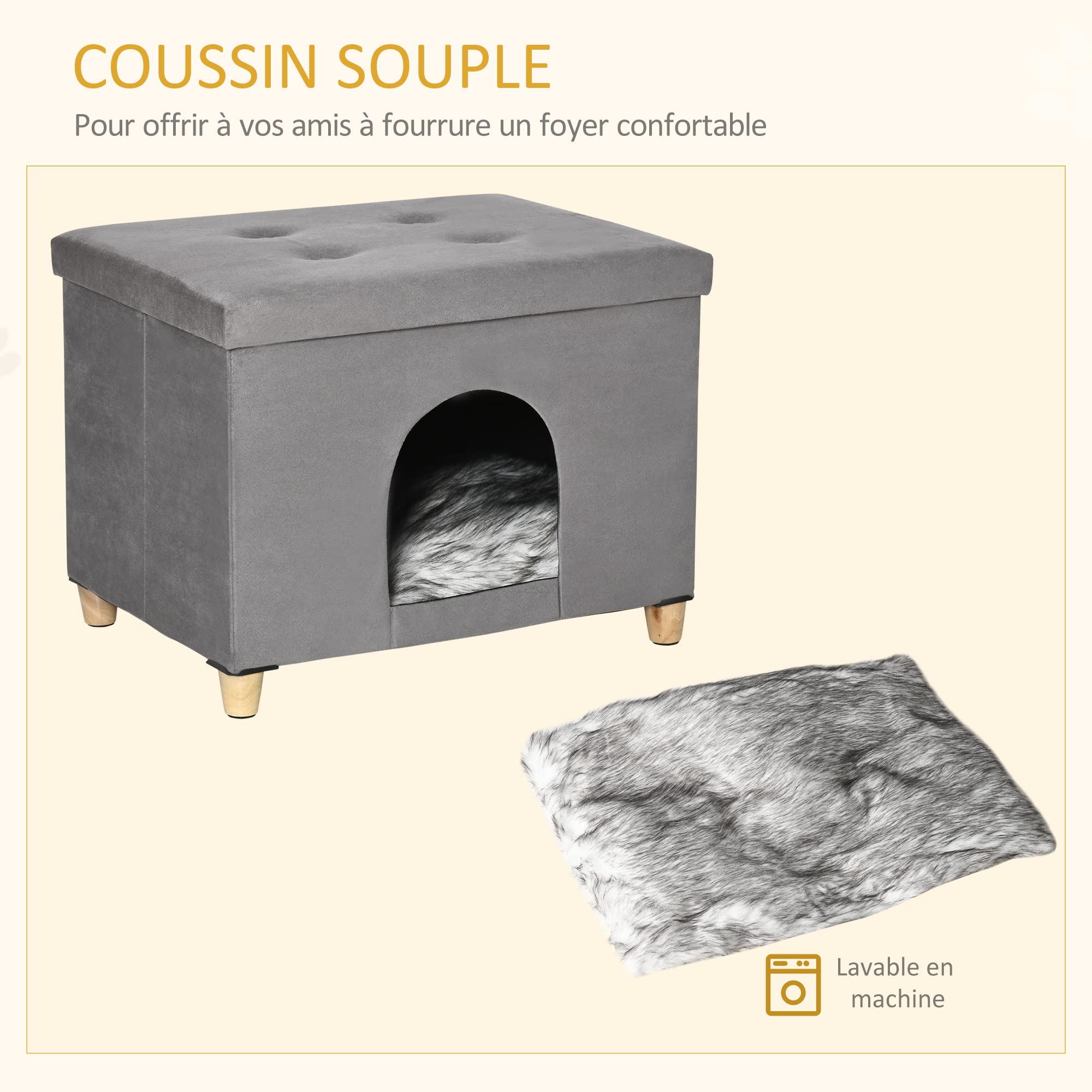 PawHut Niche Chat Maison de Chat Design surélevé avec Coussin amoviable et Lavable en Peluche Doux Repose-Pieds, Dessus ouvrable, Gris