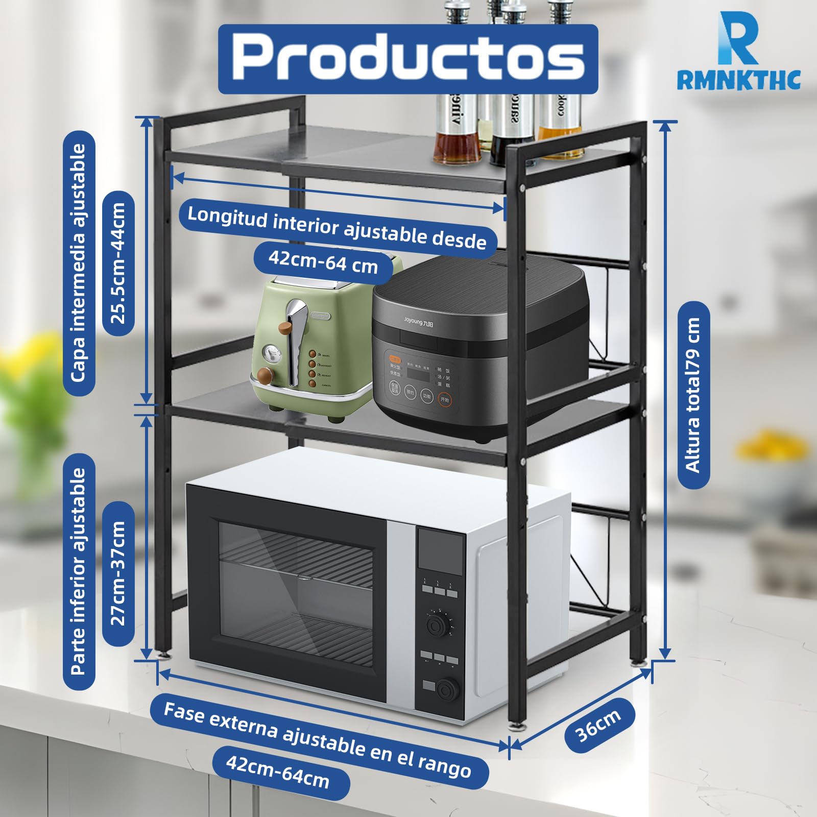 Estantería para microondas, 2 Niveles, Ajustable, 42 – 64 cm, 75 kg de Capacidad de Carga de Acero Inoxidable, Altura Regulable, Estante de Cocina con Gancho (Negro)
