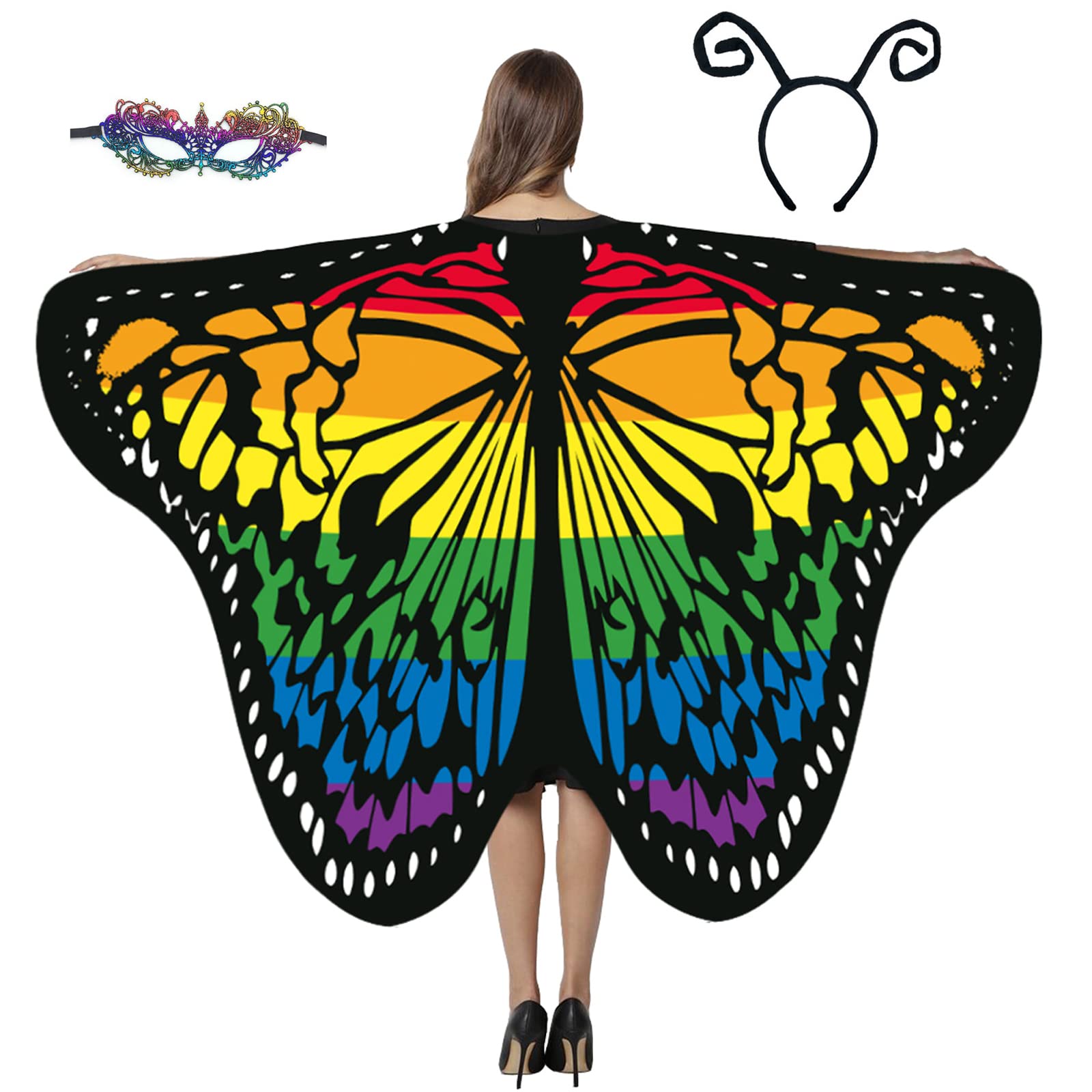 GRAJTCIN Women's Butterfly Wings Shawl, 3 PCS Halloween Fairy Costume Festive Rave Cape with Antennas & Mask, Rainbow Flag, X-Large