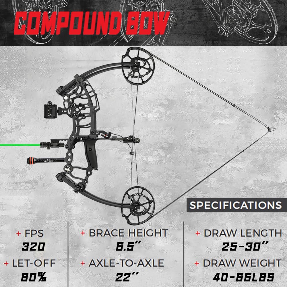 Compound Bogen Set Jagdbogen Erwachsene - 22" Kompakt Achsabstand, 40-65 lbs Einstellbare Zugkraft - Dual-Use für Pfeile & Stahlkugeln - Jäger & Überlebensausrüstung