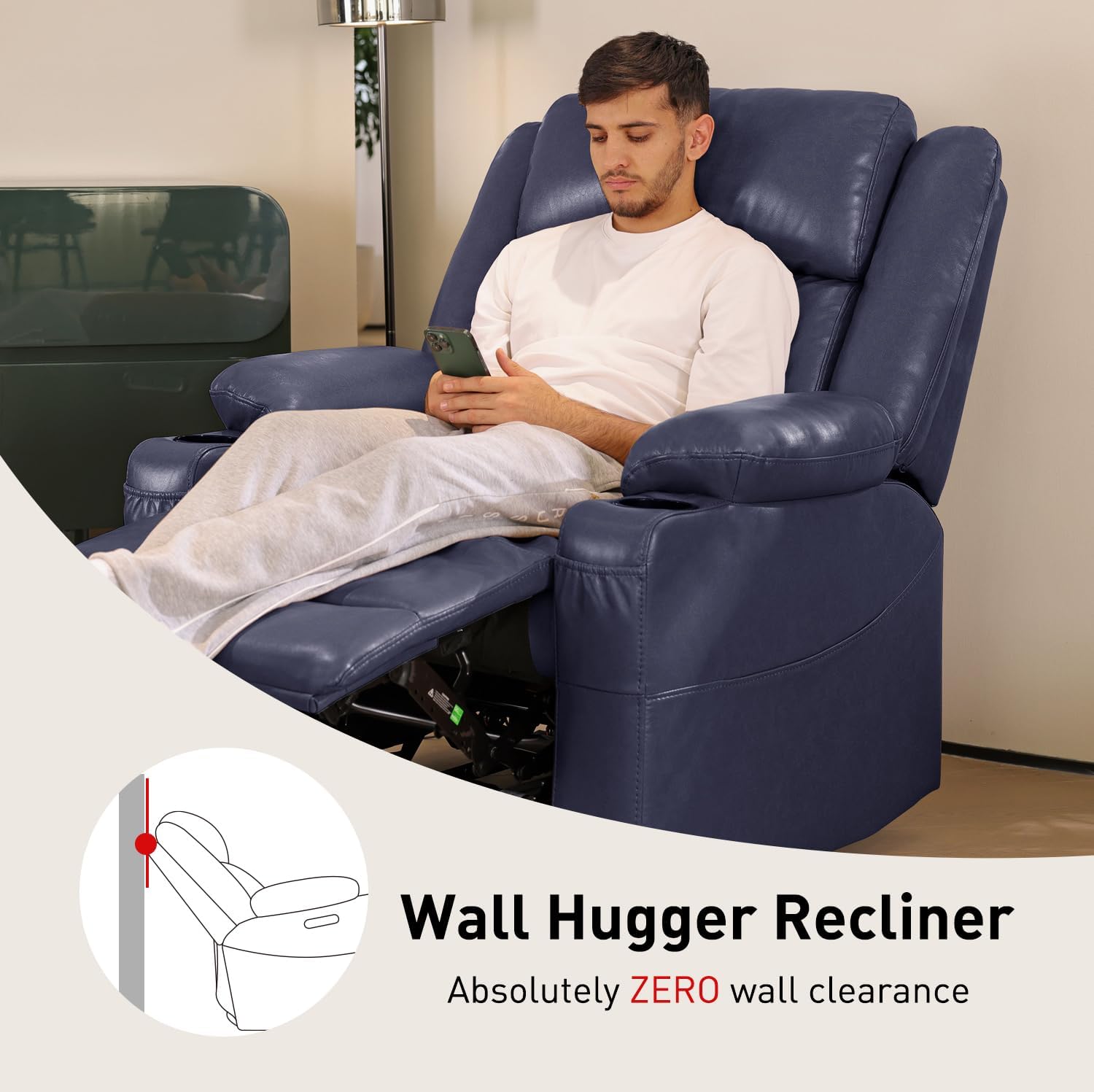 EONIX Wide Power Wall Hugger Recliner Chair for Small Space, Real Zero Clearance Power Recliner for RV, Living Room, Bedroom, 400lbs Heavy Duty, SXXY012992, Navy Blue