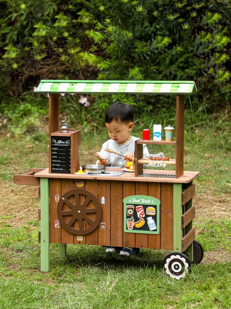 Kids Outdoor Wooden Stand Cart Playset Mud Kitchen with Sausage-Grilling Coffee, Fake Hamburger, Beverage and Interactive Lucky Wheel Game Pretend Grocery Store