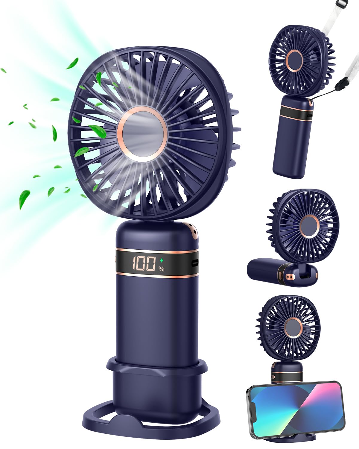 Mini Handheld Fan, Portable USB Hand Held Fan, Rechargeable 5 Speeds Folding Hand Fans with Base and Lanyard for Home Office Bedroom Outdoor Travel(Deep Blue)