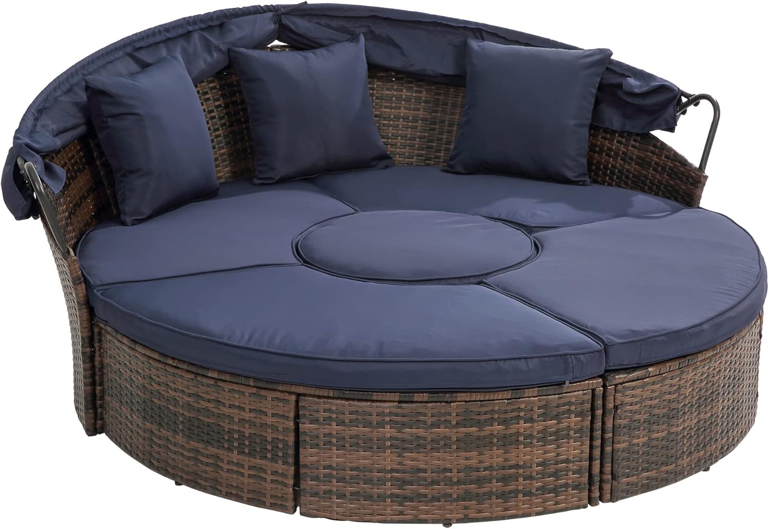 All-Weather Outdoor Patio Round Sofa Bed with Retractable Canopy, Modular Design Daybed Clamshell Sectional Seating for Sunny Days, Stargazing Nights (Navy Blue1)
