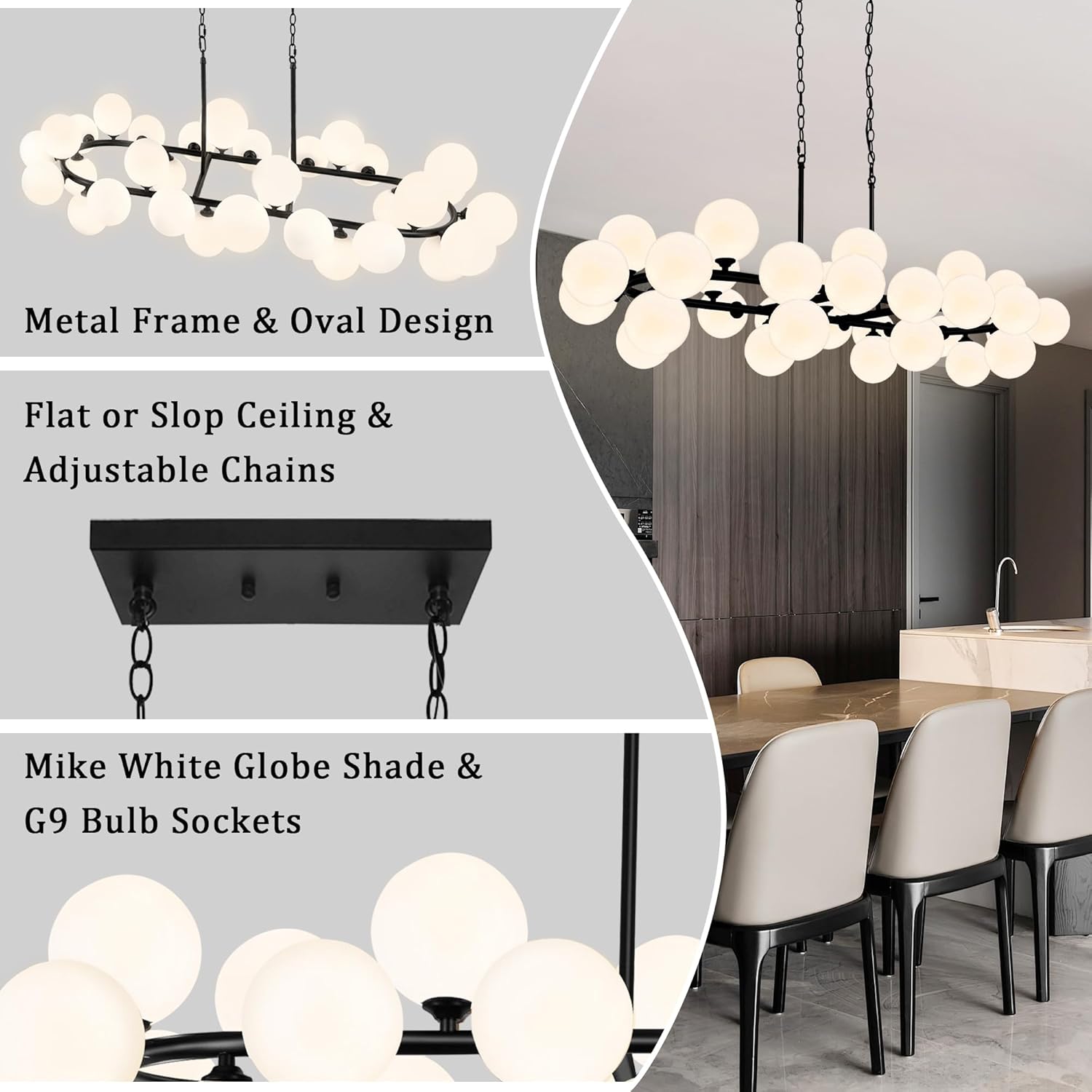 54'' Large Oval Sputnik Chandeliers Modern Chandeliers for Dining Room 32-Light Extra Large Chandelier with Milky White Glass Oval Chandelier for Living Room Over Table Kitchen Island Villa G9 Socket