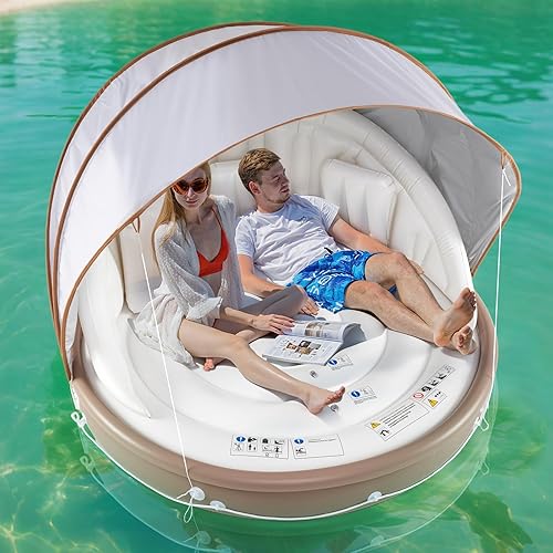 Miniatura 2 de GYMAX Flotador de piscina con toldo, isla flotante inflable de 440 libras con sombrilla desmontable y 3 almohadas, tumbona de bronceado para 23