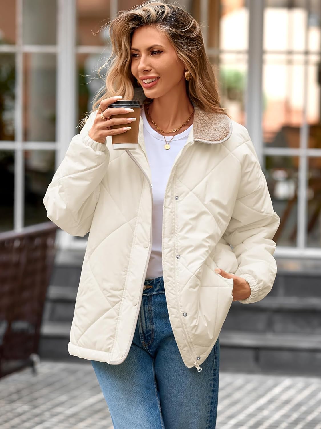 Naggoo Women's Casual Long Sleeve Quilted Jackets Loose Button Down Zipper Winter Puffer Jacket Coat Outwear