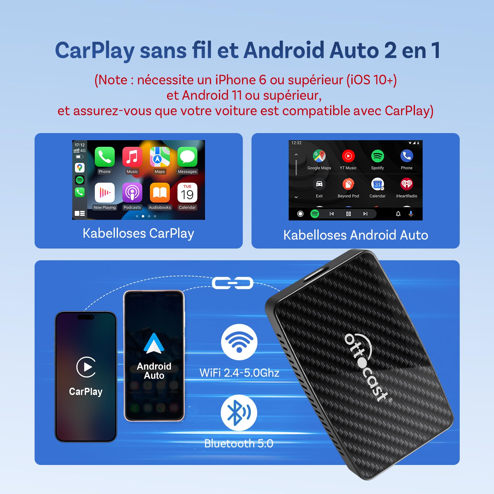 OTTOCAST Play2Video Pro - 2-in-1 Wireless CarPlay and Android Auto