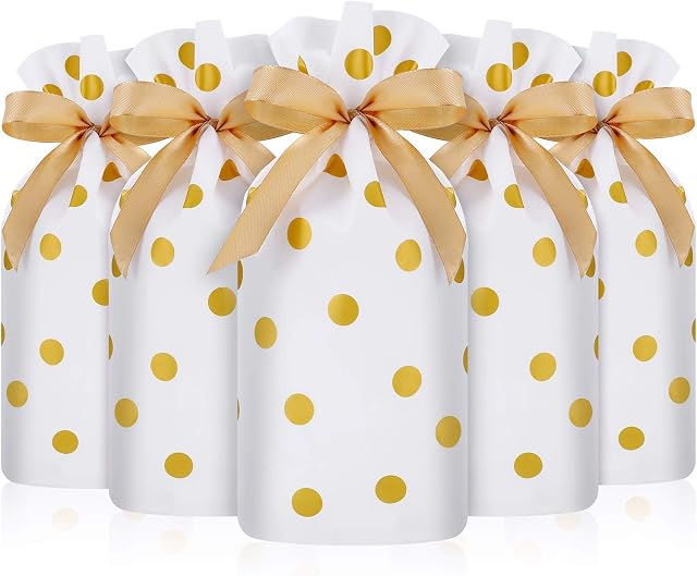30 Packs Treat Bags with Drawstring Candy Bags, Plastic Favor Bag Drawstring Cookie Bags for Christmas Wedding Party Birthday Engagement Holiday Favor (Gold Polka Dot Print)