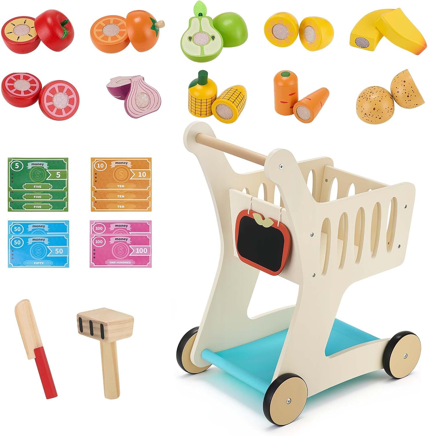 VEVOR Shopping Cart for Kids, Wooden, Toy Shopping Cart with Extra Storage, Realistic Play Food and Scanner, Grocery Store Pretend Play Toy Trolley, Baby Push Learning Walker, for Toddlers Ages 3+