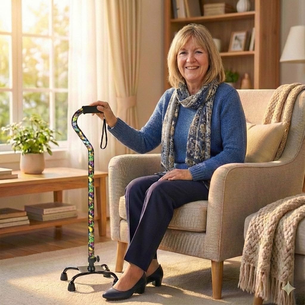 NOVA Designer Quad Cane, Lightweight Four Legged Cane with Soft Grip Handle & Wrist Strap, Height (for users 4’11” - 6’3”) and Left or Right Adjustable, New Blue Waves Design, Small