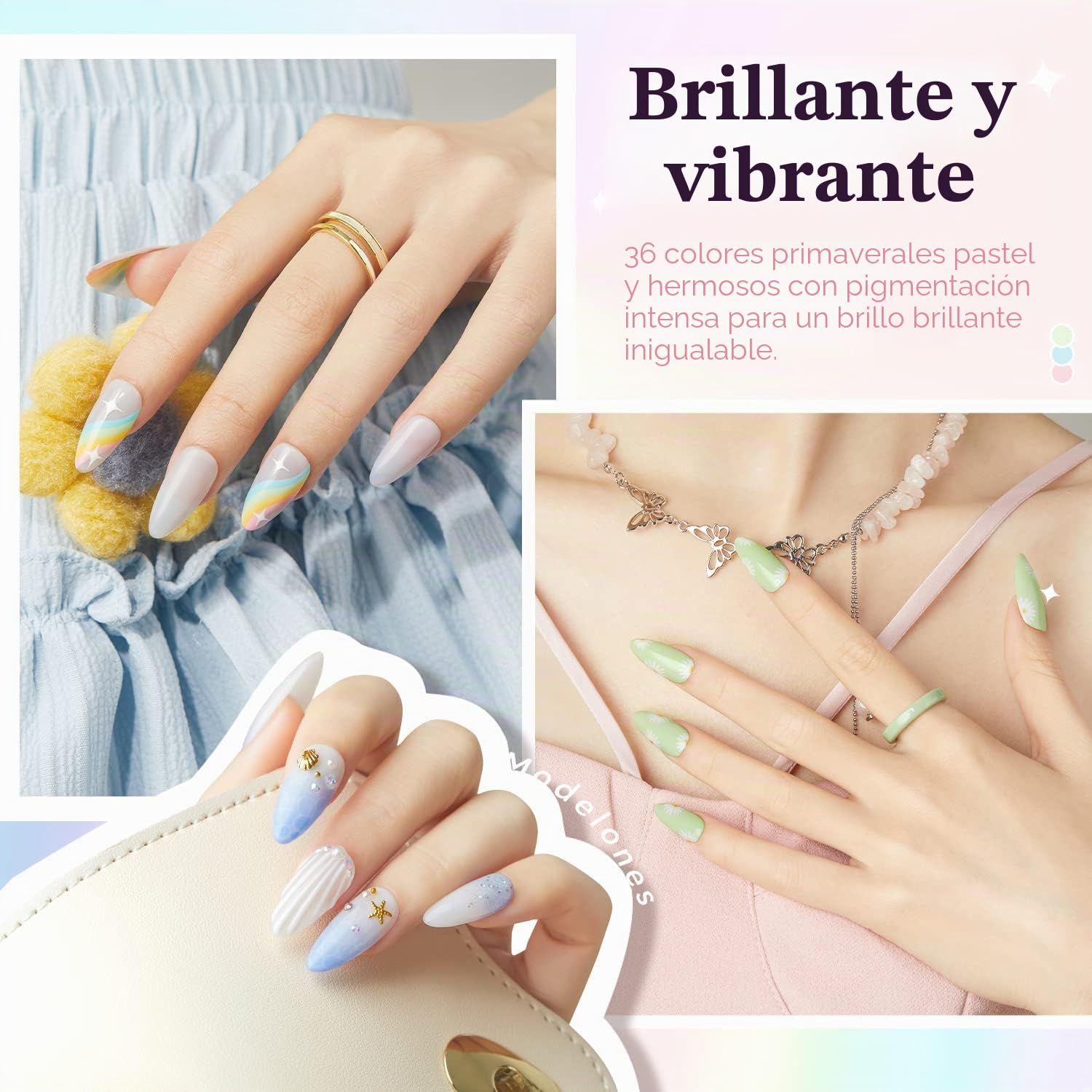 Modelones 40Pcs Esmalte de uñas de gel, 36Pcs Pastello Dreamy Collection Macaron Glitter esmalte de uñas de gel pastel Soak Off de verano, 4Pcs Nail Primer Base Matte Glossy Top Coat