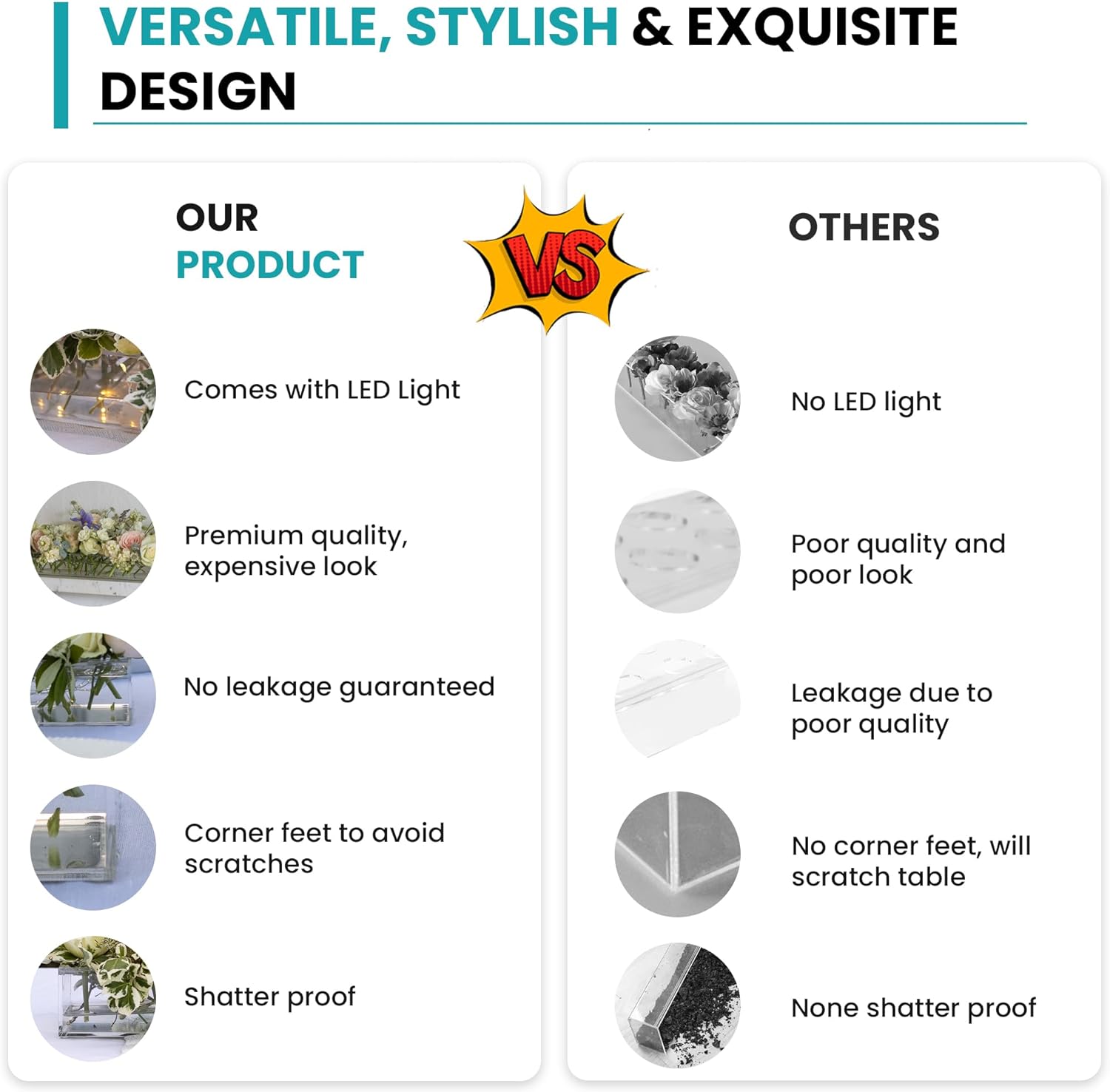 Premium Quality Acrylic Flower Vase Rectangular LED Lights - Wedding Centerpieces for Tables, Dining Table Decor, Vases for Flowers, Clear Vases for Centerpieces, Rectangle Flower Vase for Centerpiece