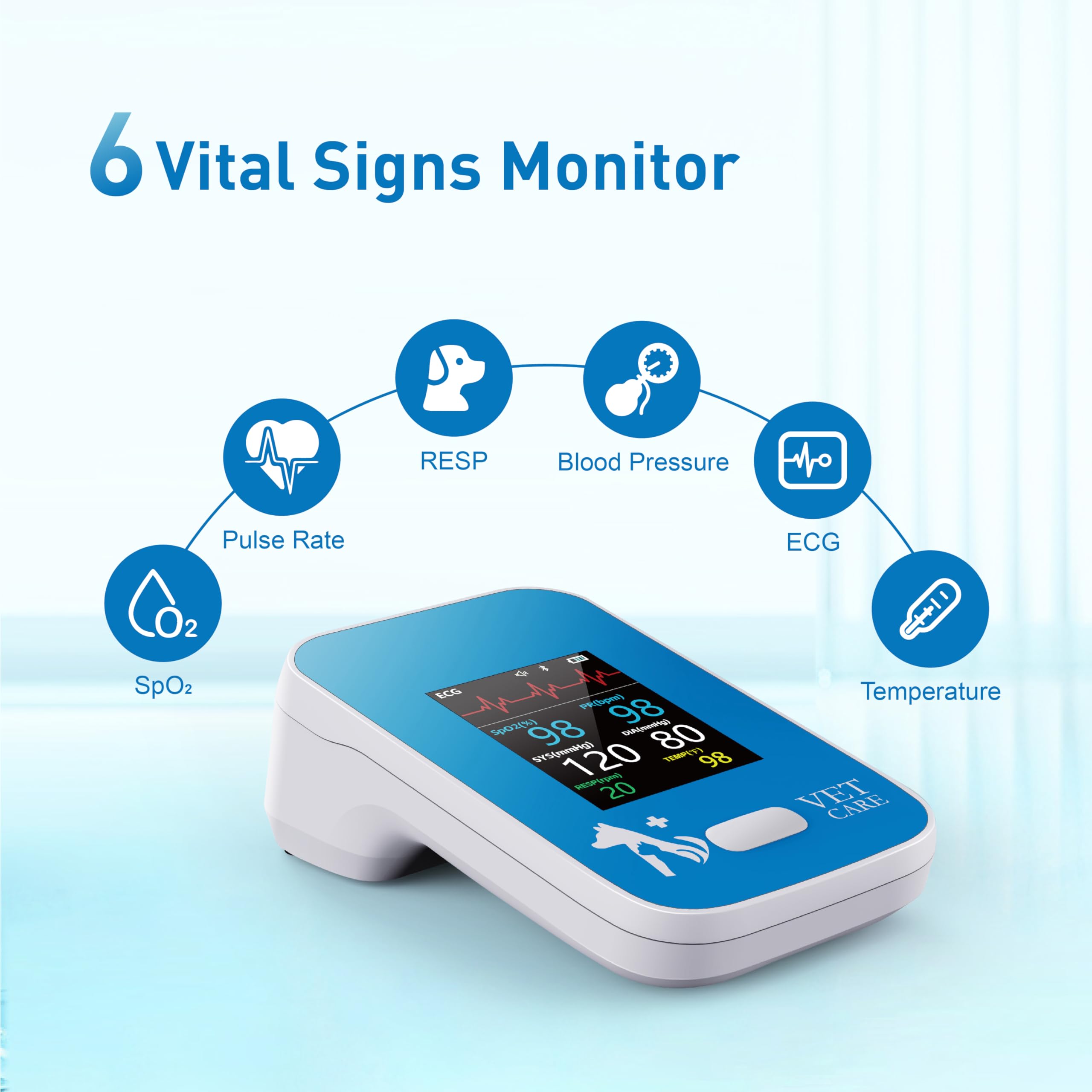 Monitor veterinario para perros, gatos, mascotas, equipo de monitoreo de pacientes veterinarios de 6 parámetros, monitor recargable de signos vitales de animales, monitor de presión arterial