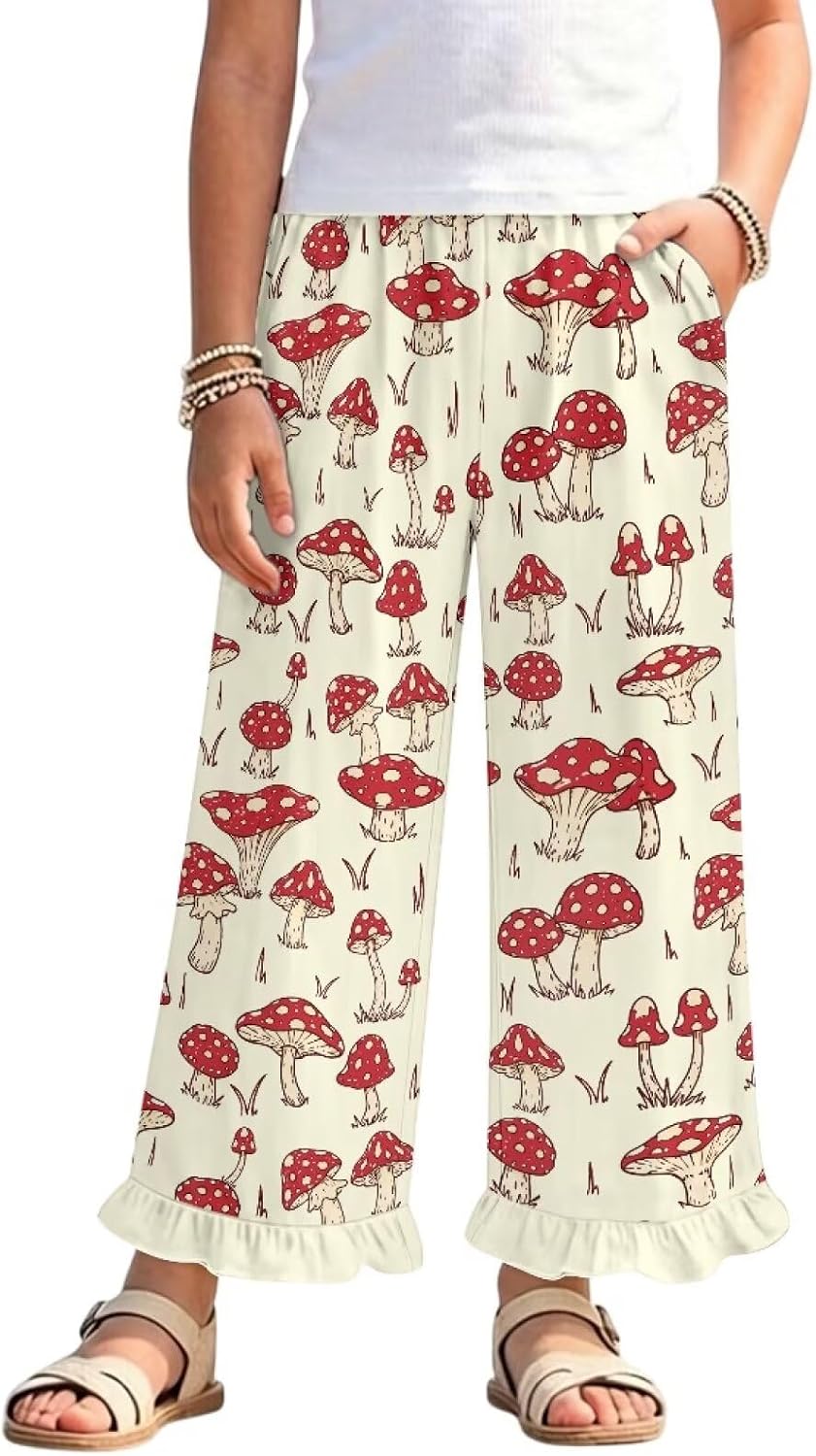 Wanyint Girls Wide Leg Pants with Ruffle High Waisted Loose Fit Summer Trousers Stylish Summer Outfits for 5-14 Years Kids