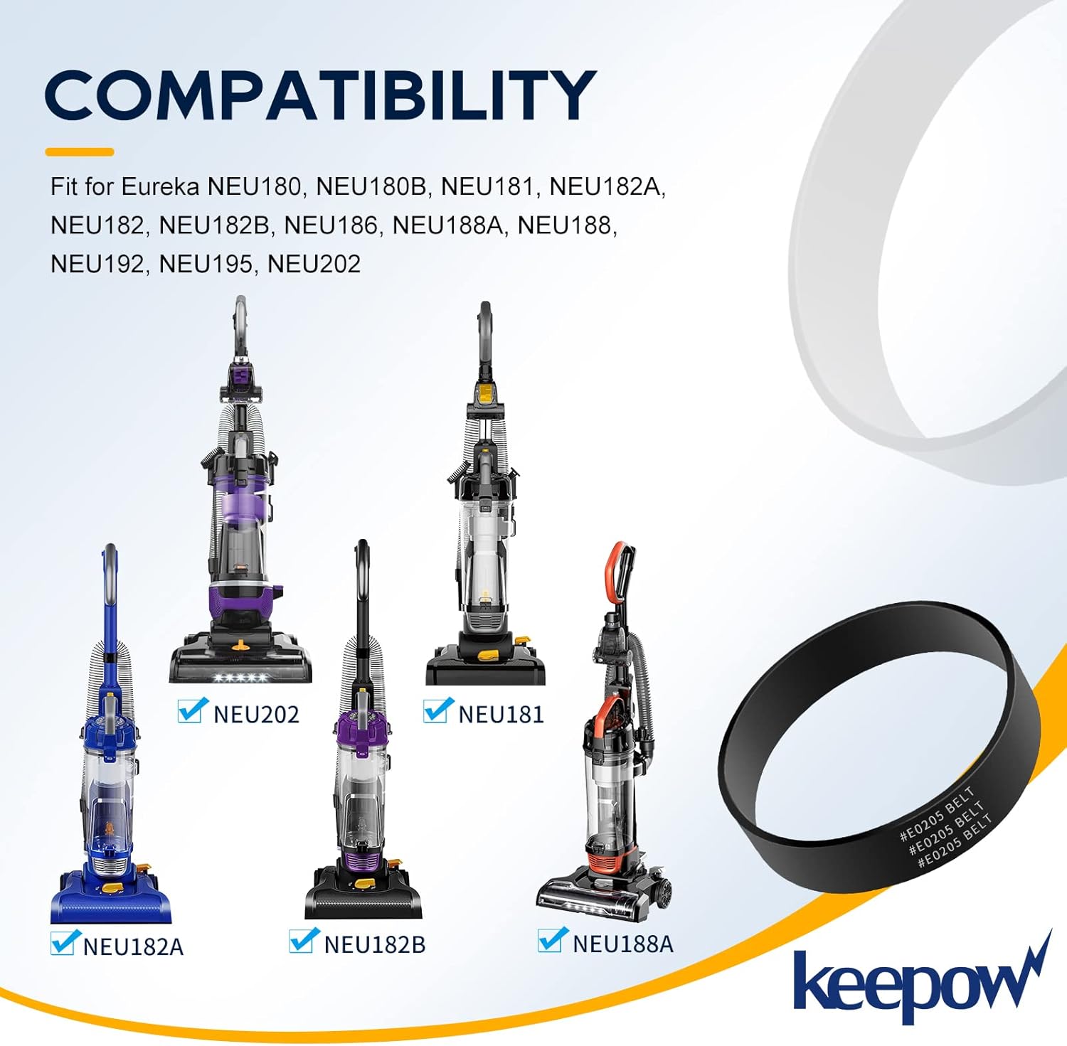 KEEPOW E0205 Vacuum Belt for Eureka Powerspeed, Vacuum Cleaner Belts fit for Eureka Vacuum Parts NEU182B, NEU182A, NEU188A, NEU181, NEU180, NEU180B, NEU182, NEU186, NEU188, 4 Pack -