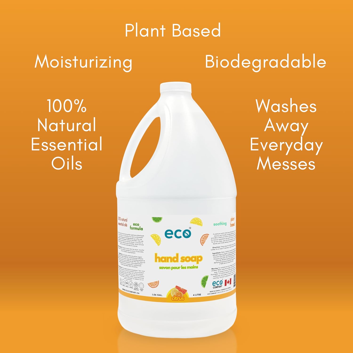 Eco Hand Soap, Citrus Scented, 1 Gallon, Pack of 4, Bulk Refill Size, Plant Based, Soothing, Moisturizing, Biodegradable, Suitable for All Skin Types, Scented with 100% Natural Essential Oils image 2