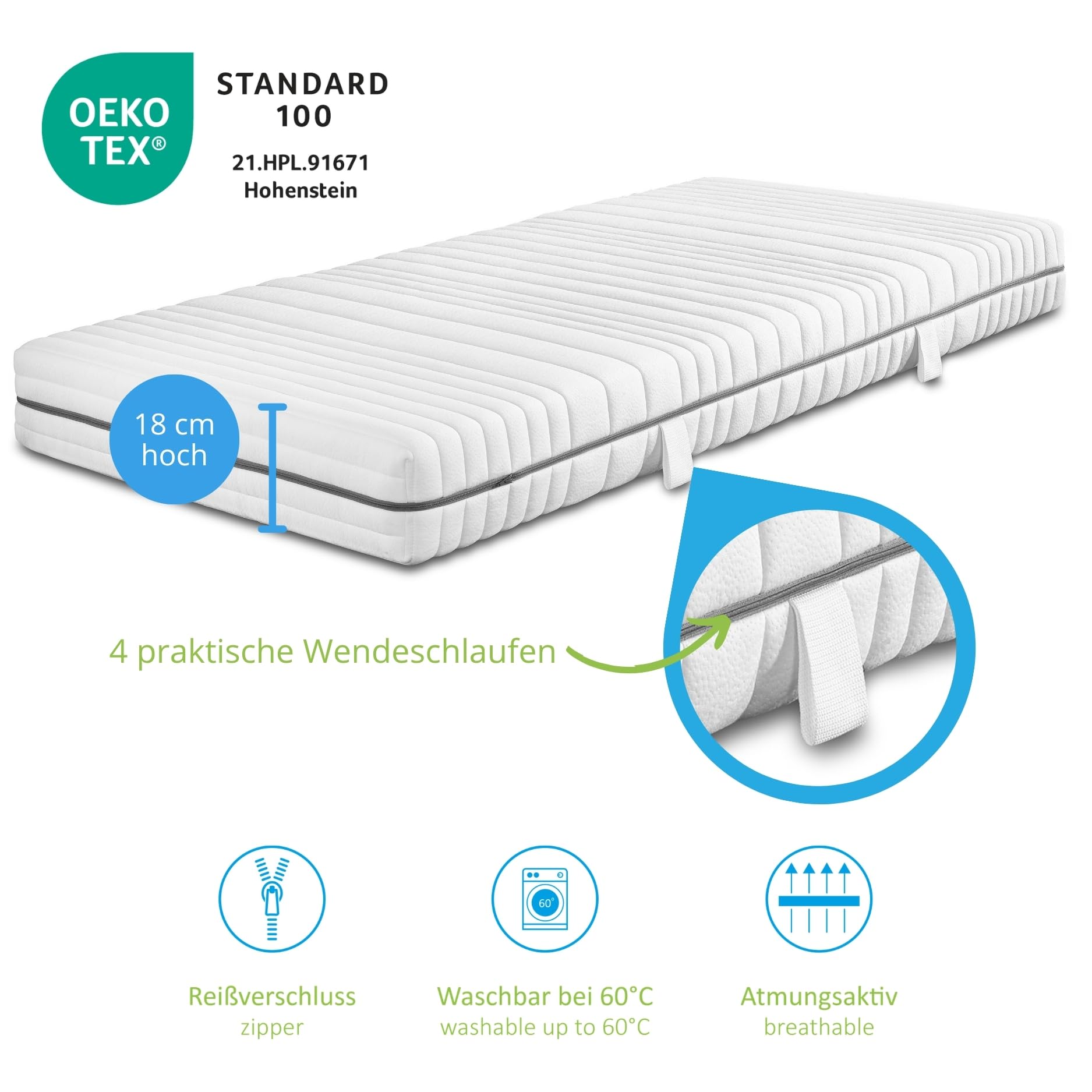Bodyprotect Kaltschaummatratze Vital Protect 140x200 cm, orthopädische 7-Zonen Matratze Härtegrad H3 fest, Oeko-TEX, ergonomische Schaumstoffmatratze Höhe 18 cm, Made in EU