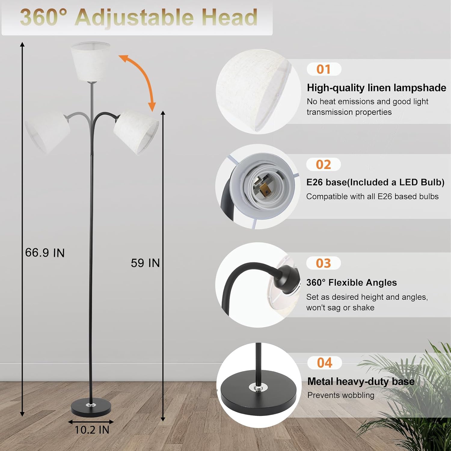 Floor Lamp, Industrial Metal Floor Lamps for Living Room with Adjustable Bendable 2 in 1 Reading Table Lamps for Living Room Bedroom Office (B+Linen)