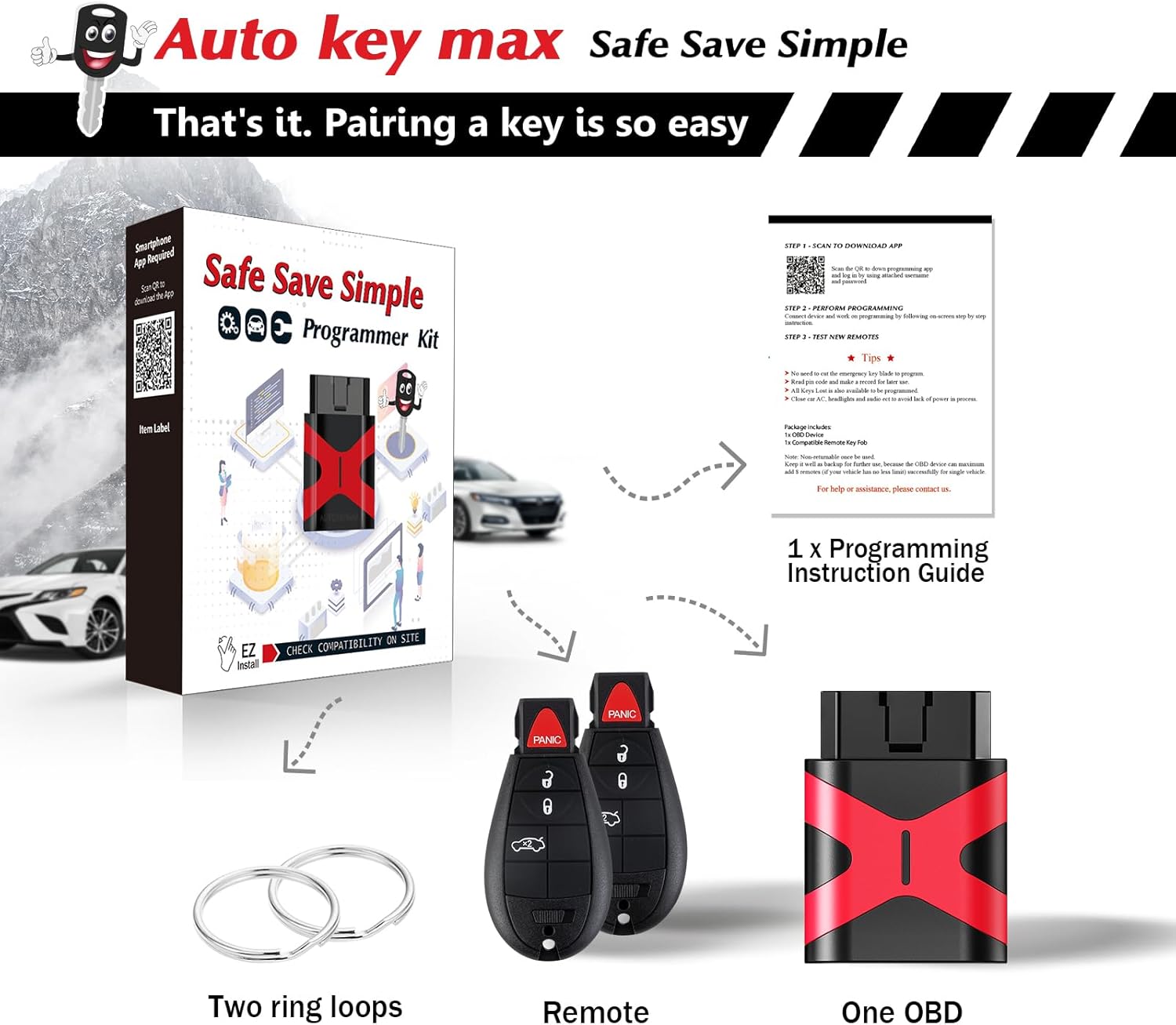 Programmable Keyfob, Replacement Car Keys Fob and DIY Programmer Kit for 2013-2016 Dodge Dart Remote M3N32297100