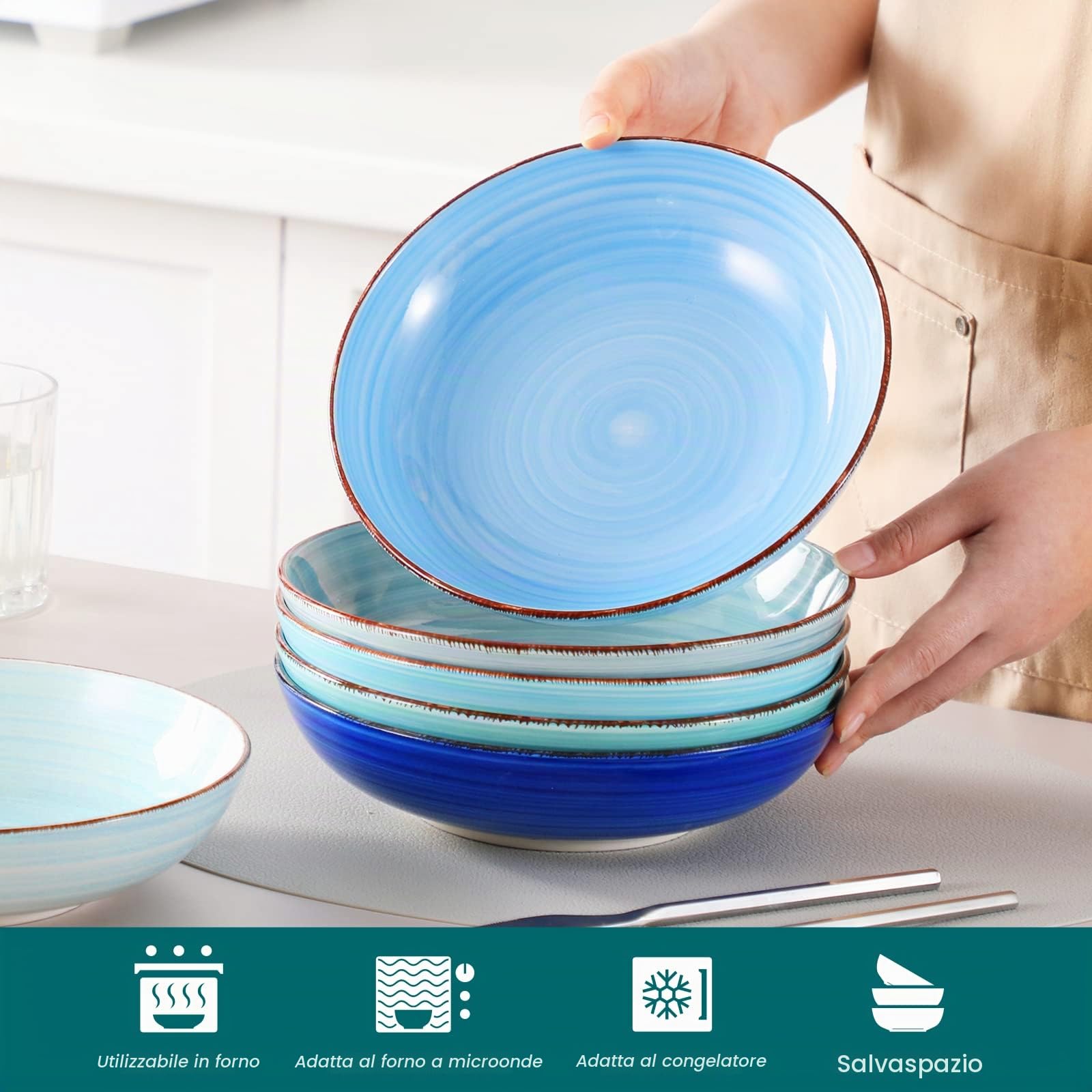 vancasso Bonita - Set di 6 ciotole per pasta in ceramica, adatte al microonde e alla lavastoviglie, 21 cm, eleganti ciotole basse per pasta, insalata e zuppa, set di piatti per pasta di grande