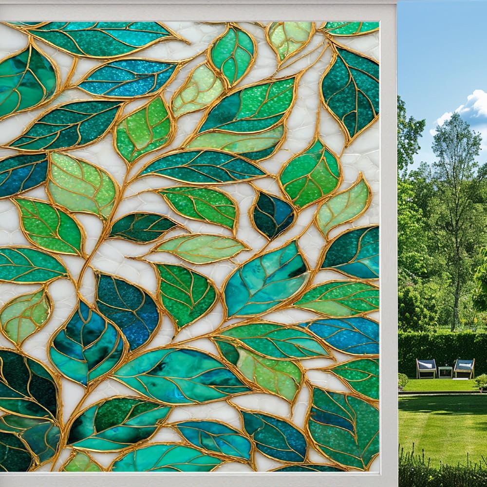 Colorful Leaves Frosted Window Film, Dreamy Retro Plant Texture Stained Glass Privacy Film, Heat Insulation Self-Adhesive Vinyl for Bathroom Office, （90x140cm）