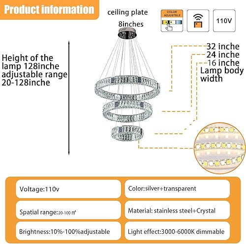 Miniatura 5 de IDEQUY Candelabros grandes de cristal K9 de 16 pulgadas + 24 pulgadas + 32 pulgadas, lámparas colgantes de techo alto, lámparas de cristal para sala