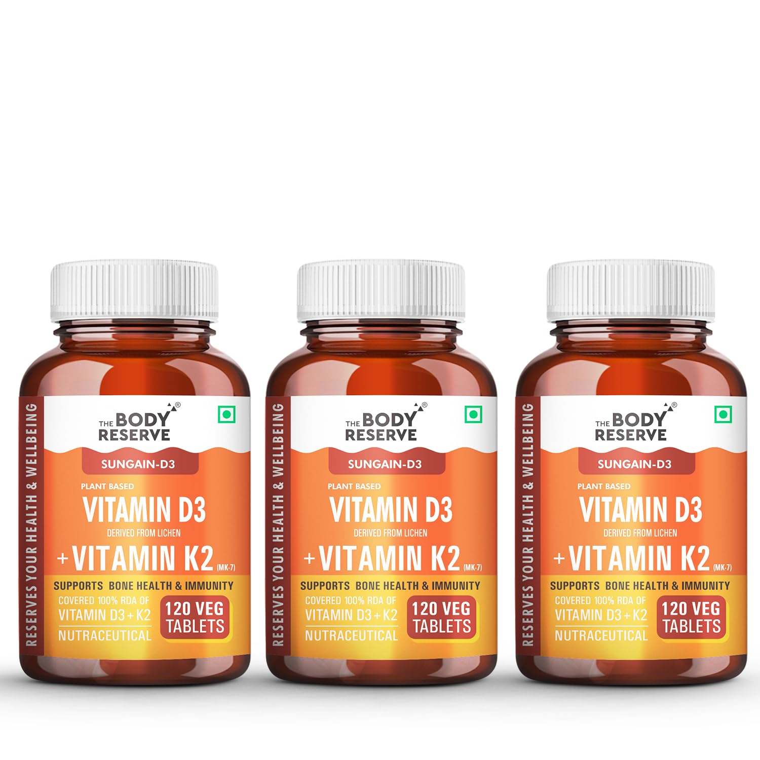 The Body Reserve """ Vitamin D3 K2 Mk7-120 Veg Tablets, 100% Rda Plant-Based Vitamin D3 Supplement From Lichen Source With Vitamin K2 As Mk7 Menaquinone, Pack Of 3"""