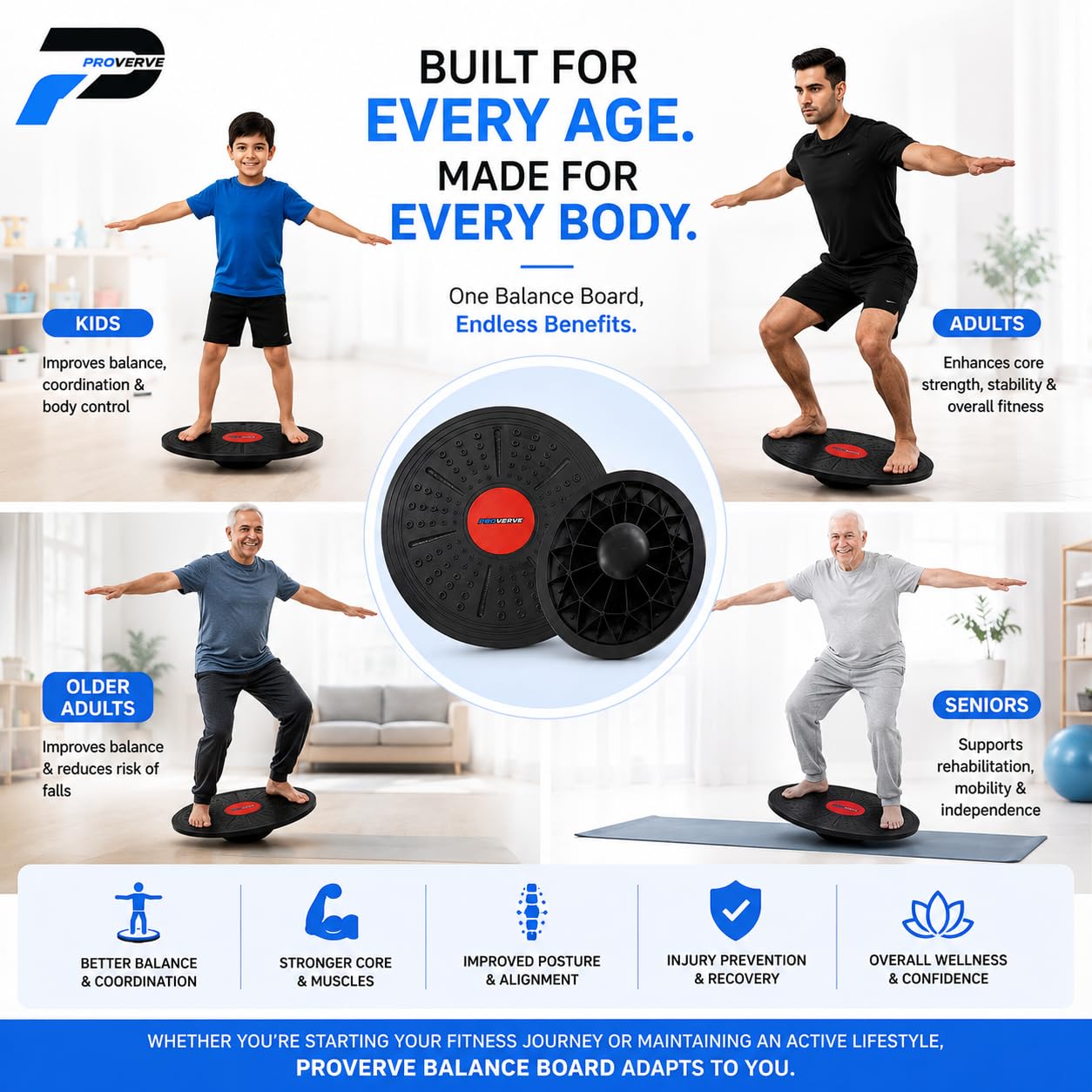 PROVERVE Balancing Board for Kids and Adults, Premium PVC Woble Balance Board- Improve Stability, Strength, and Coordination - Ideal for Fitness, Yoga, and Rehabilitation, with Bag (Pack of 1) 3