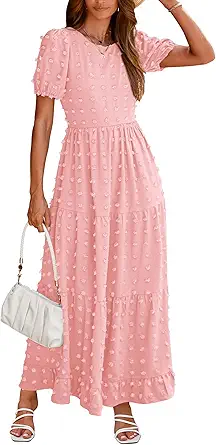 BTFBM Women Summer Boho Maxi Dress Casual Short Sleeve Swiss Dot A Line Ruffle Tiered Flowy Long Dresses with Pocket