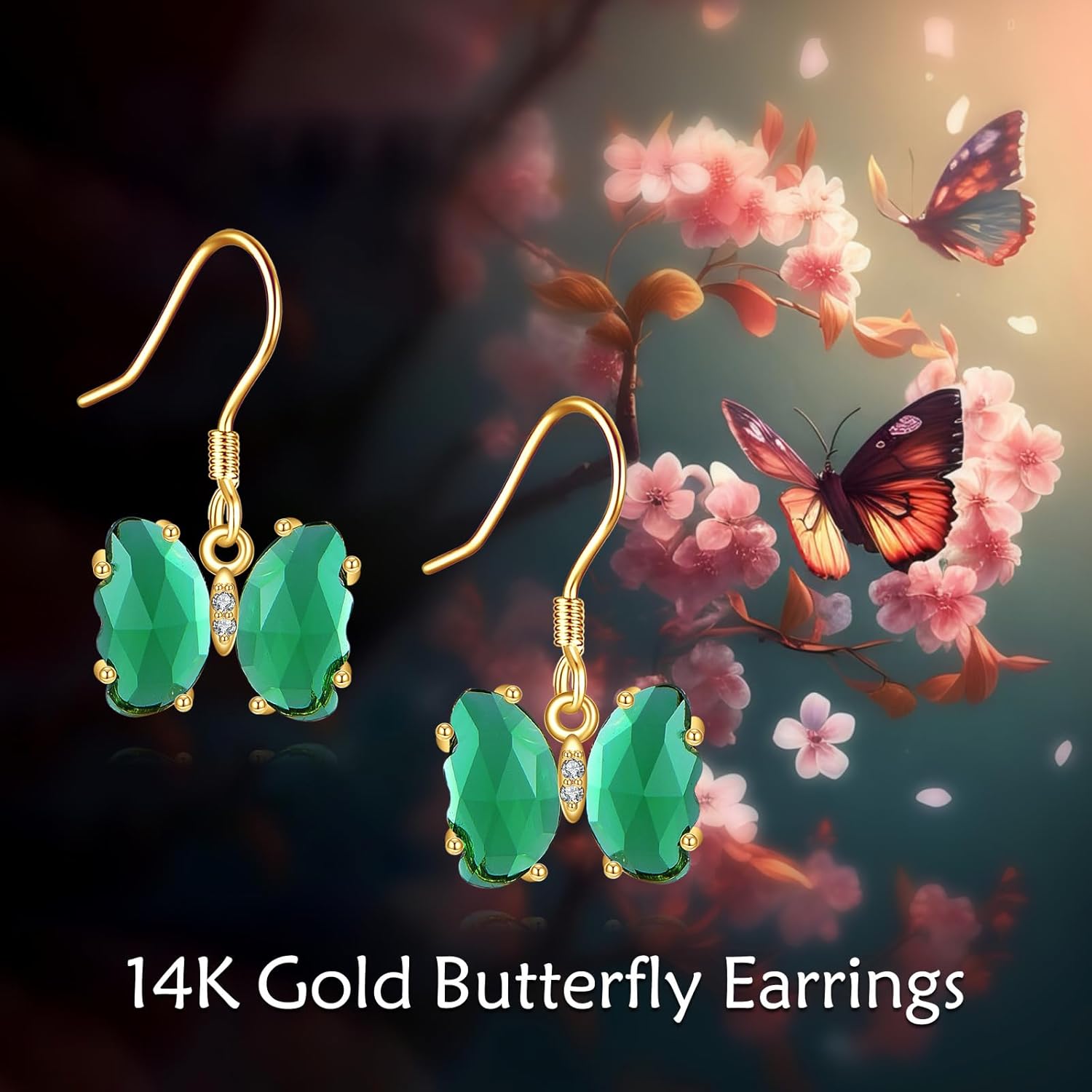 DOVRAN 14K Gold Emerald Butterfly Drop Earring for Women Trendy Green Crystal Butterfly Birthstone Jewelry for Women - Image 5