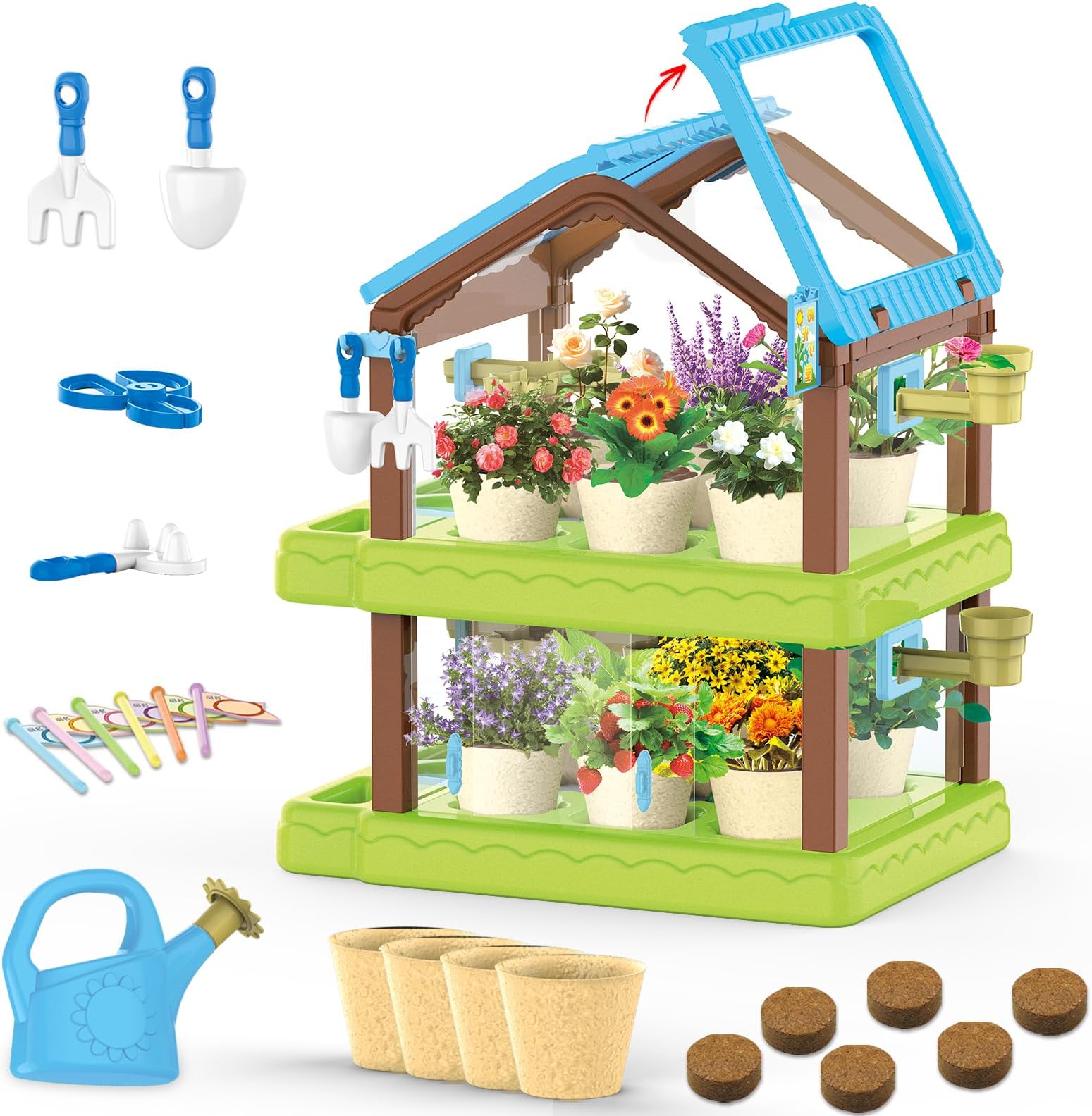 MostopKids Gardening Kit Greenhouse Growing Terrarium Kit, Kids Plant Growing kit, Kids Gardening Set with Garden Tools, Watering Can, Educational Creative Thinking Toddler Gardening Set for Kids