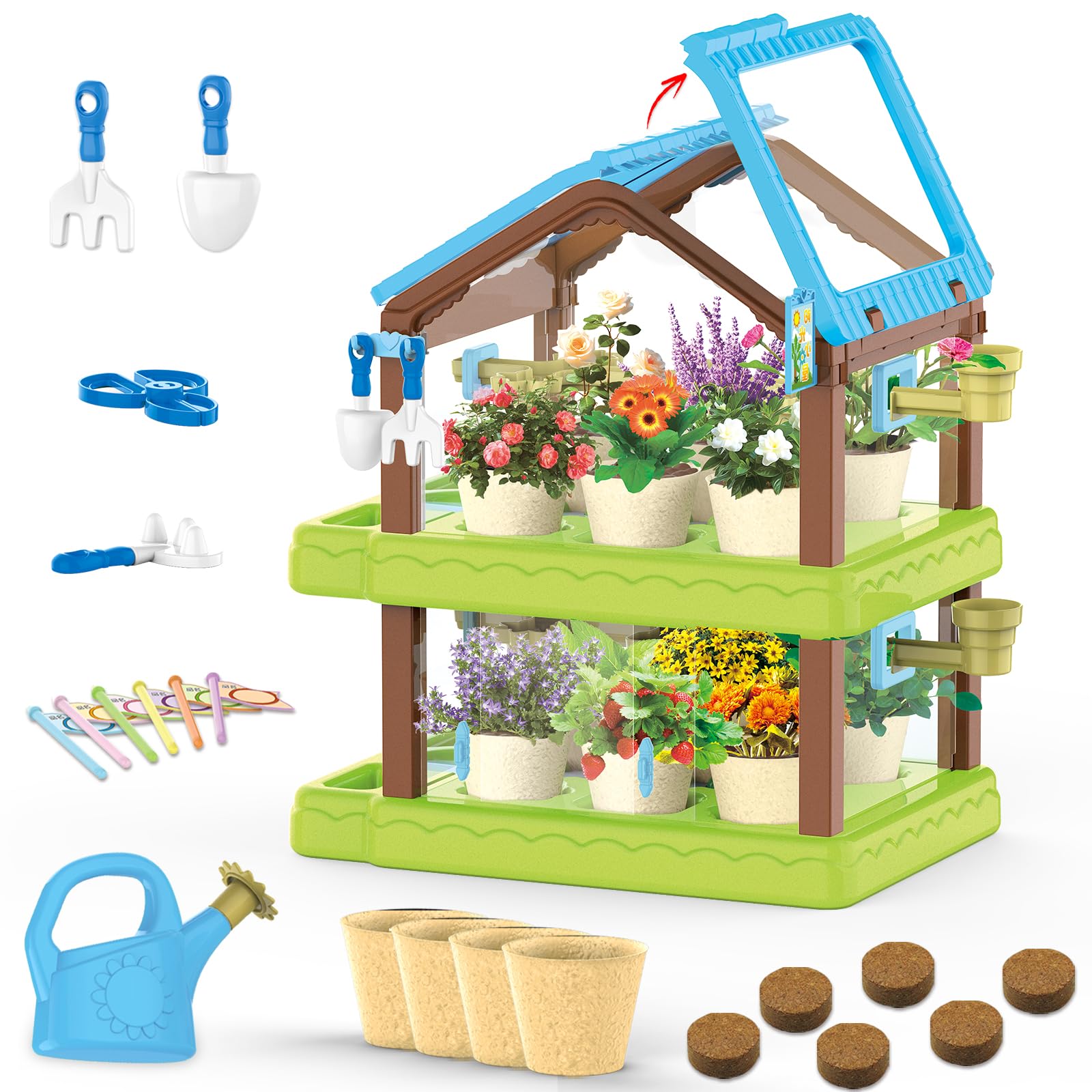 Mostop Kids Gardening Kit Greenhouse Growing Terrarium Kit, Kids Plant Growing kit, Kids Gardening Set with Garden Tools, Watering Can, Educational Creative Thinking Toddler Gardening Set for Kids