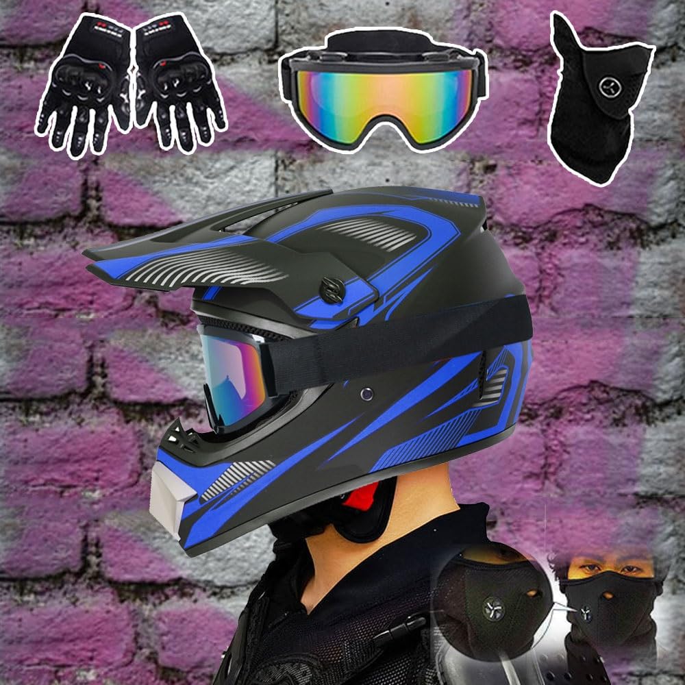 Casco da Motocross Per Bambini, Fuoristrada, Strada, Cross, Casco Integrale Mtb con Occhiali, Maschera E Guanti, ATV, BMX, MX, Downhill, Quad, Fuoristrada