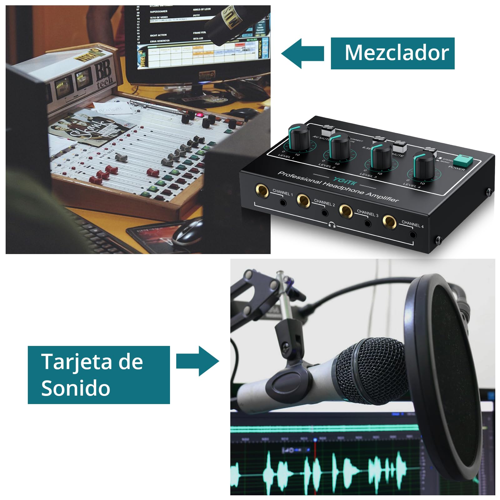 Amplificador de Auriculares Estéreo Portátil-4 Canales con Controles de Volumen y Entradas AV/3.5mm/6.35mm - 8 Salidas Estéreo de 3.5mm/6.35mm para Escenario-Actualización de Chip