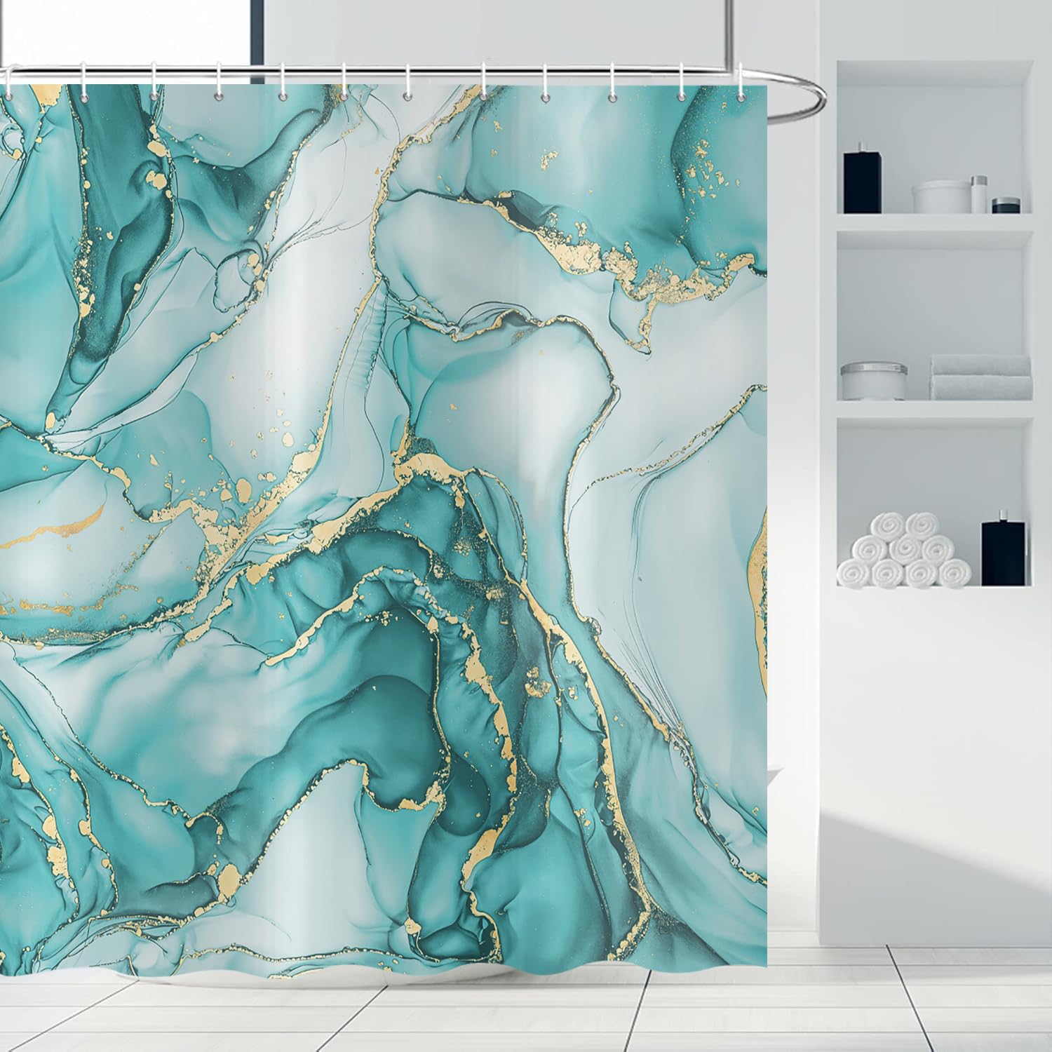 ASDCXZ Turquoise Marble Shower Curtain 90x180 cm, Modern Abstract Art Turquoise Gold Marble Optics Texture Waterproof Bath Curtain Polyester Textile Washable Shower Curtains for Bathtub with 6 Hooks